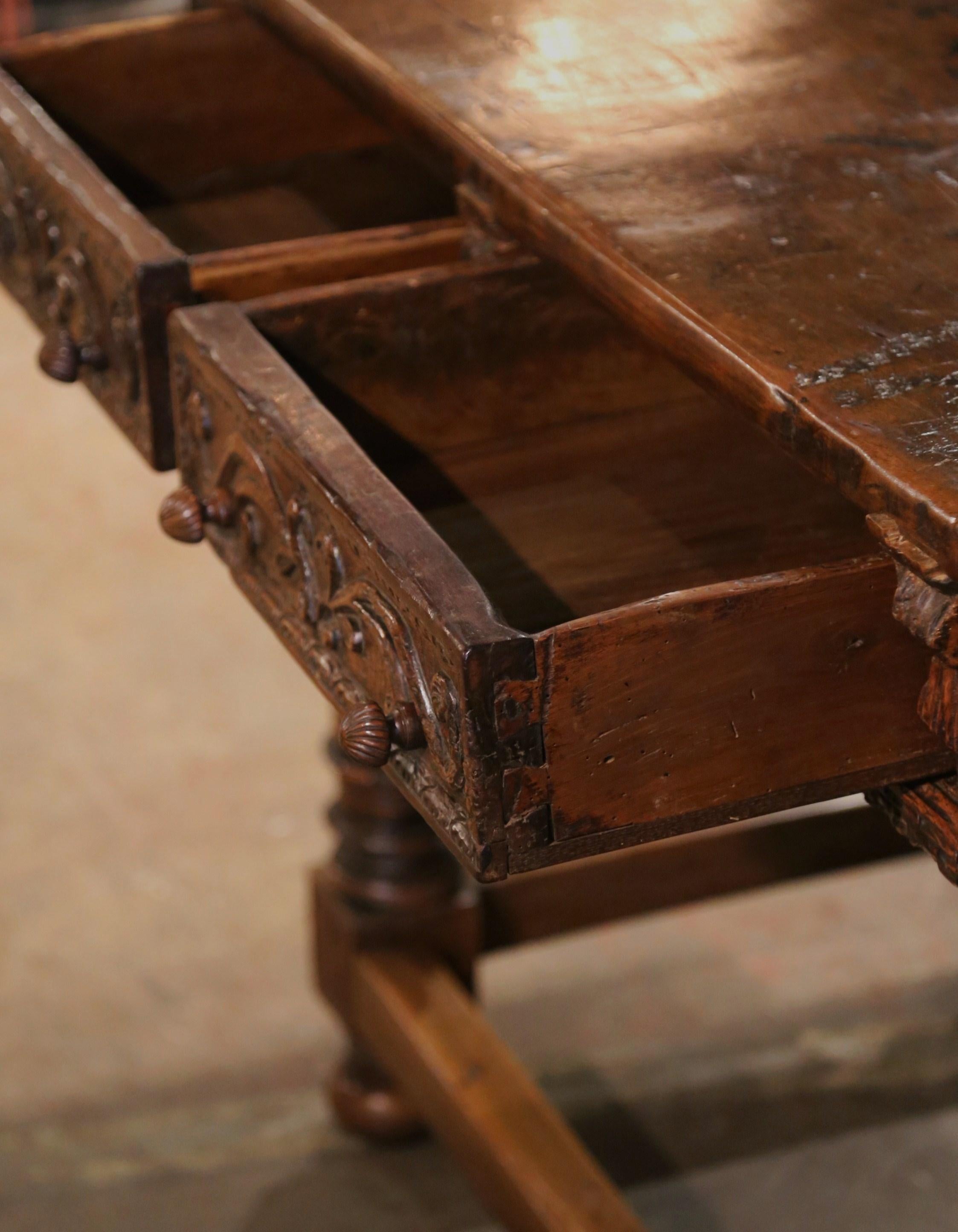 Mid-18th Century Spanish Louis XIII Carved Walnut Library Console Table Desk For Sale 8