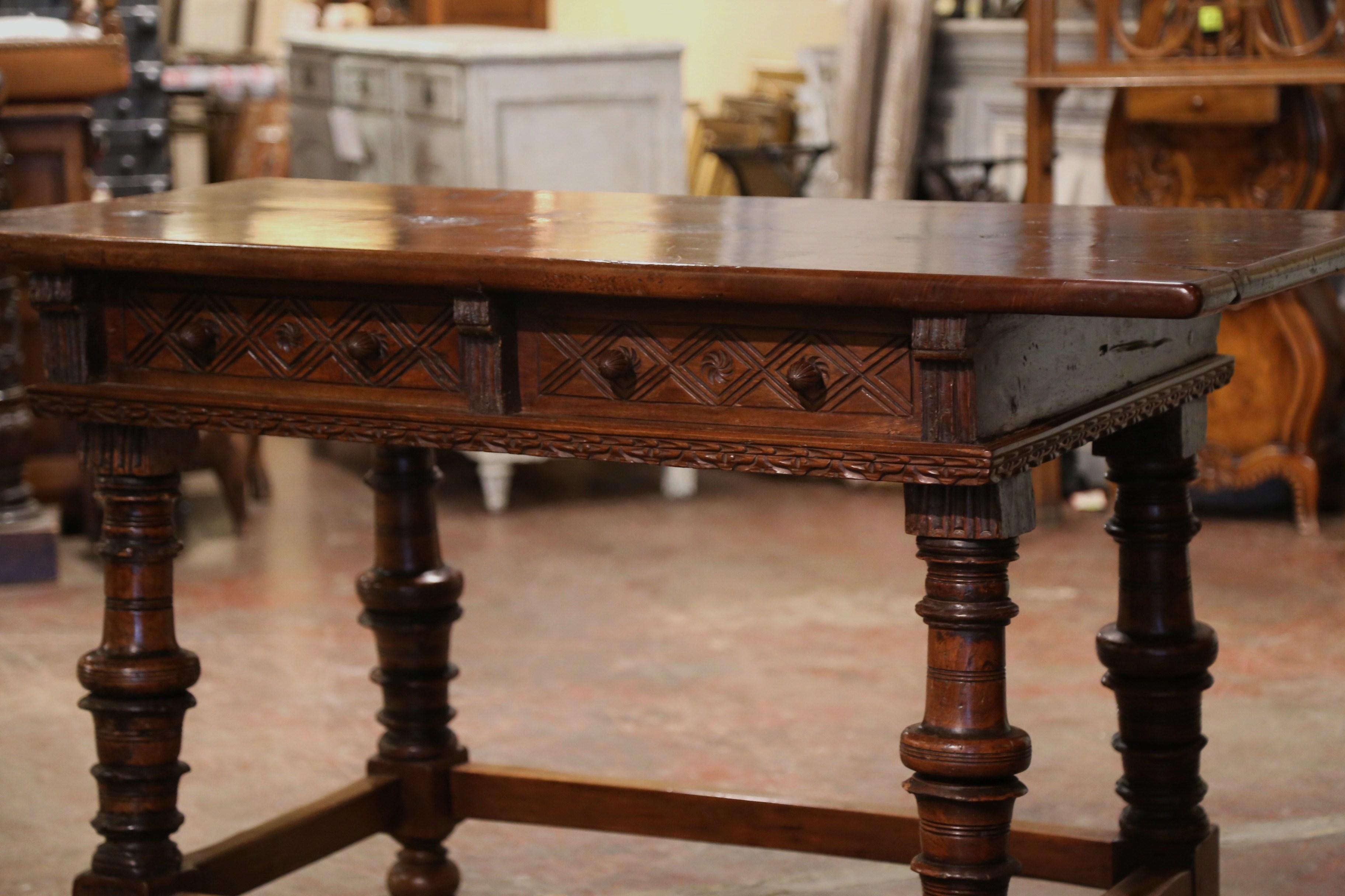 Mid-18th Century Spanish Louis XIII Carved Walnut Library Console Table Desk For Sale 10