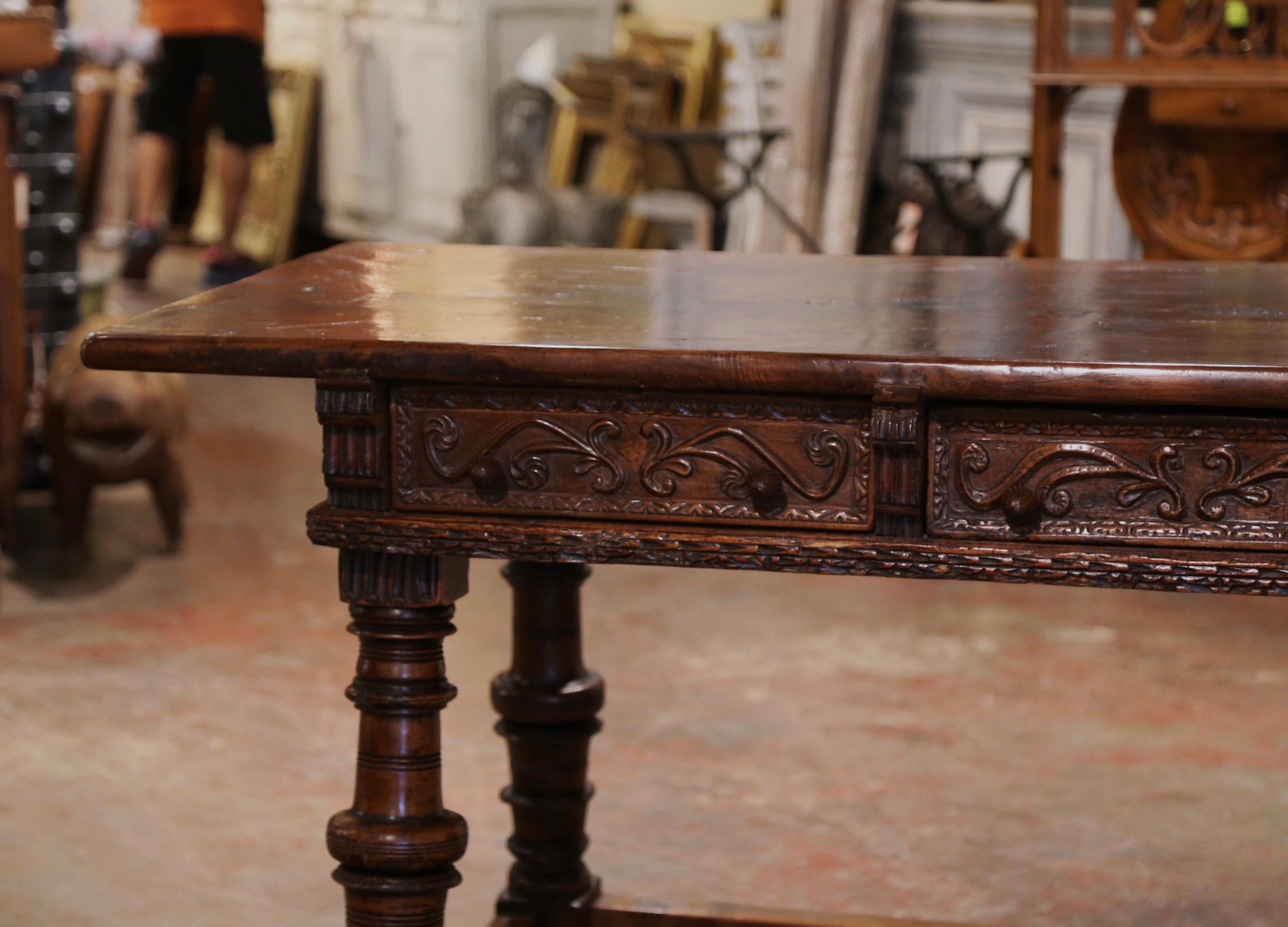 Mid-18th Century Spanish Louis XIII Carved Walnut Library Console Table Desk For Sale 1