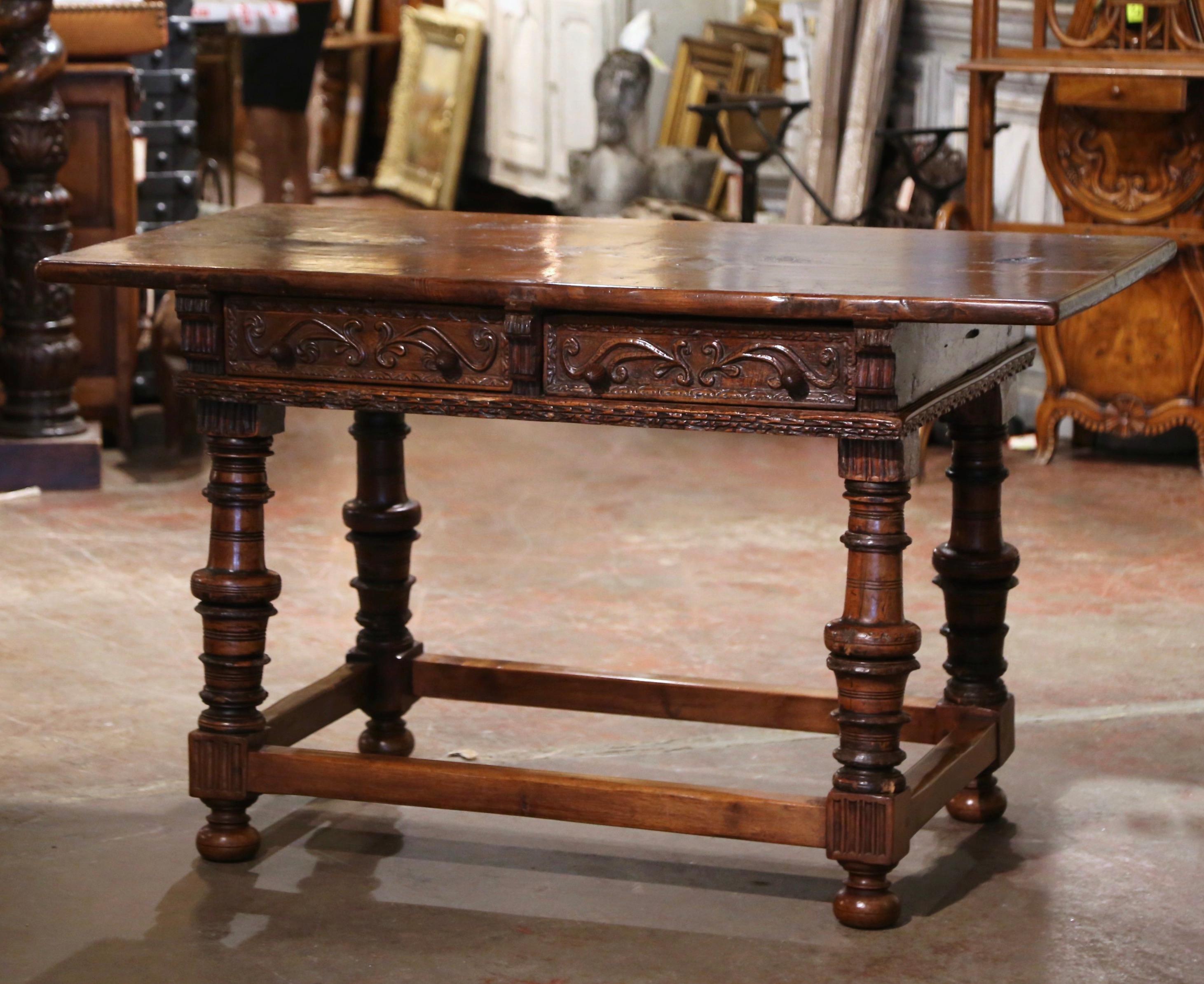Mid-18th Century Spanish Louis XIII Carved Walnut Library Console Table Desk For Sale 2