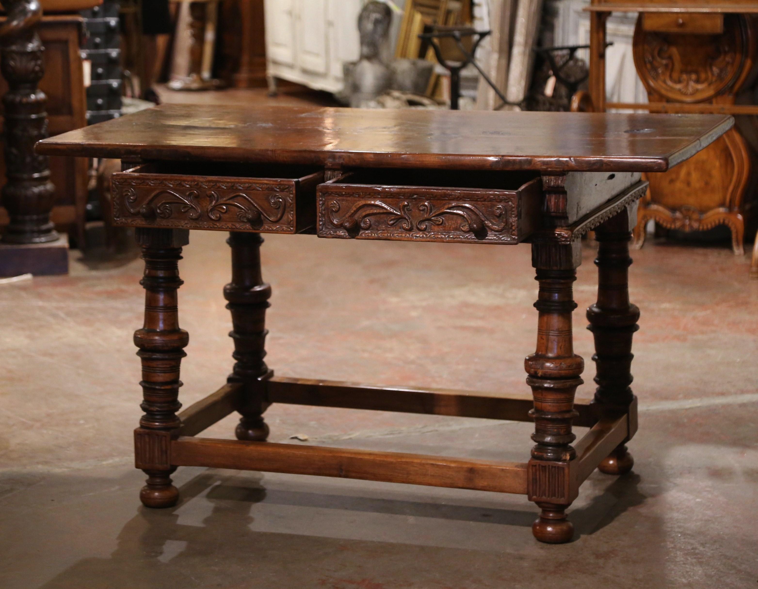 Mid-18th Century Spanish Louis XIII Carved Walnut Library Console Table Desk For Sale 5