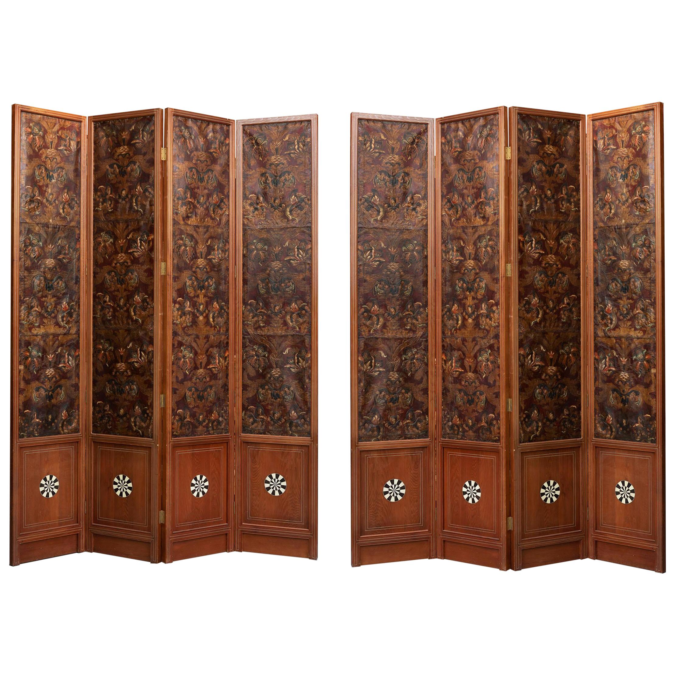 Mid-18th Century Spanish Set of Two 4-Panel Embossed Leather Folding Screens