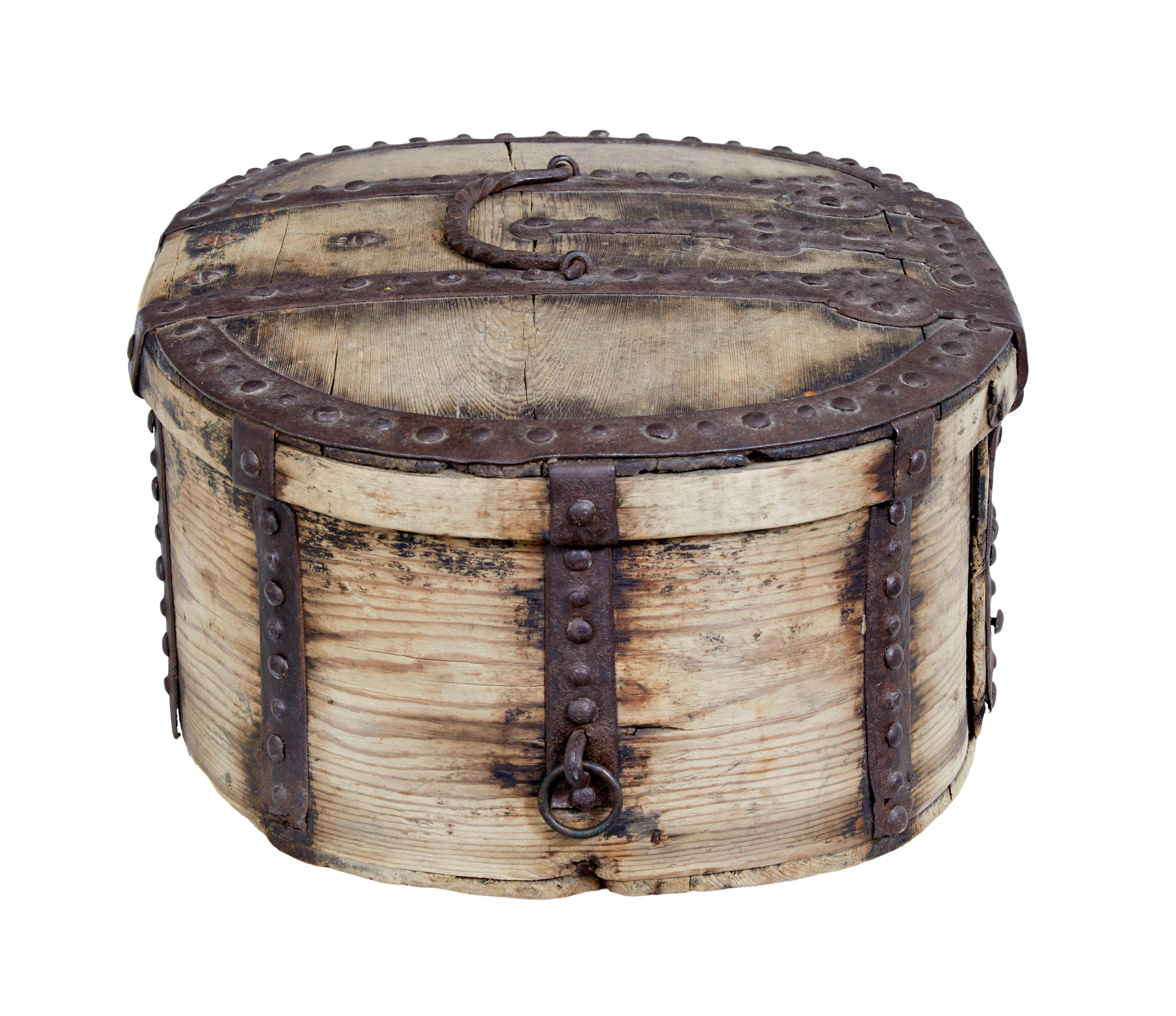 Hand-Crafted Mid-18th Century Swedish Pine Baroque Metal Bound Box For Sale
