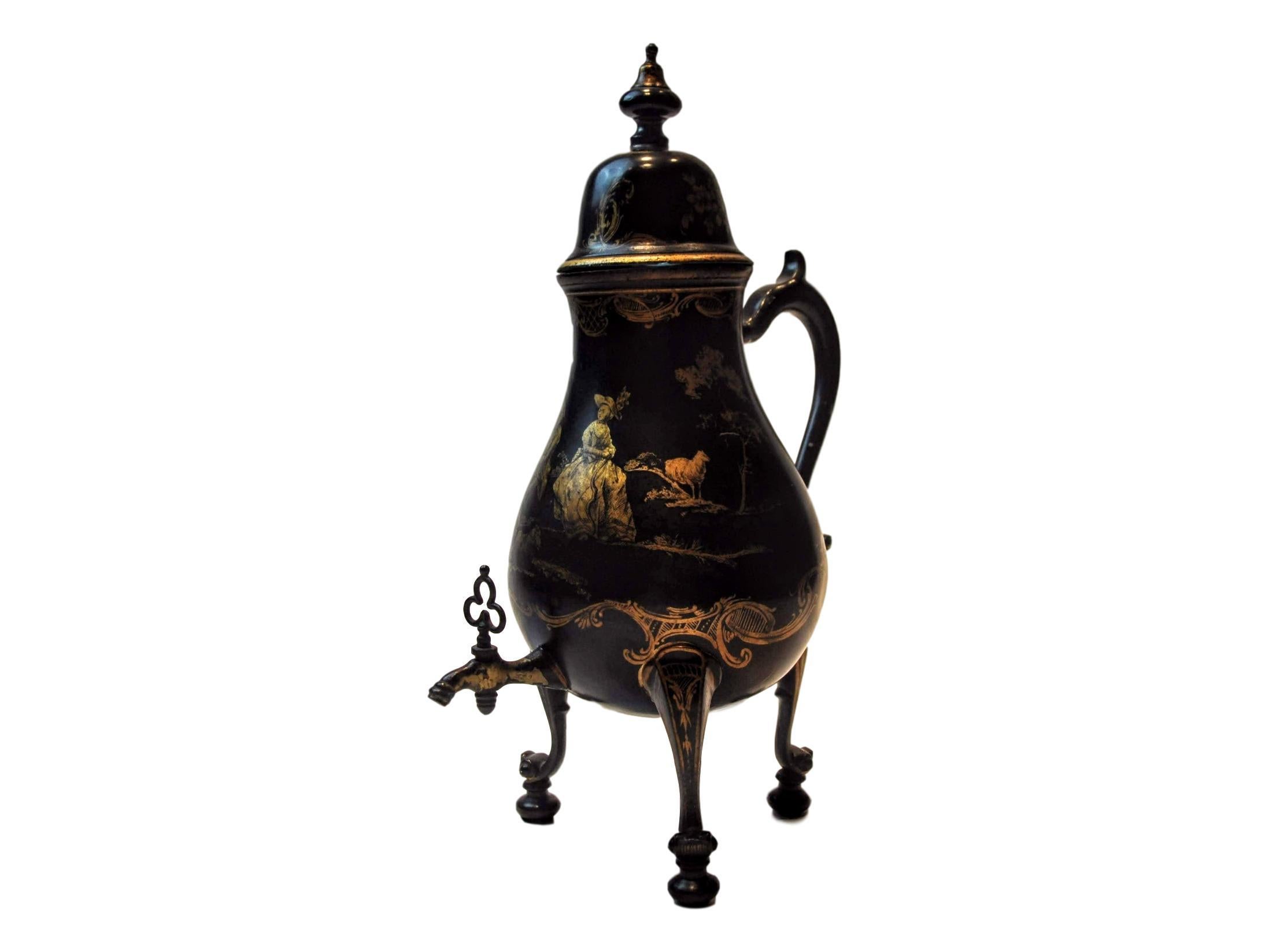 Very rare mid-18th century lidded urn, English. Toleware and rococo scene in gold foil in excellent condition.