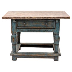 Mid 18th-Ctr Danish Blue Painted Baroque Table with Öland Limestone Stone Top