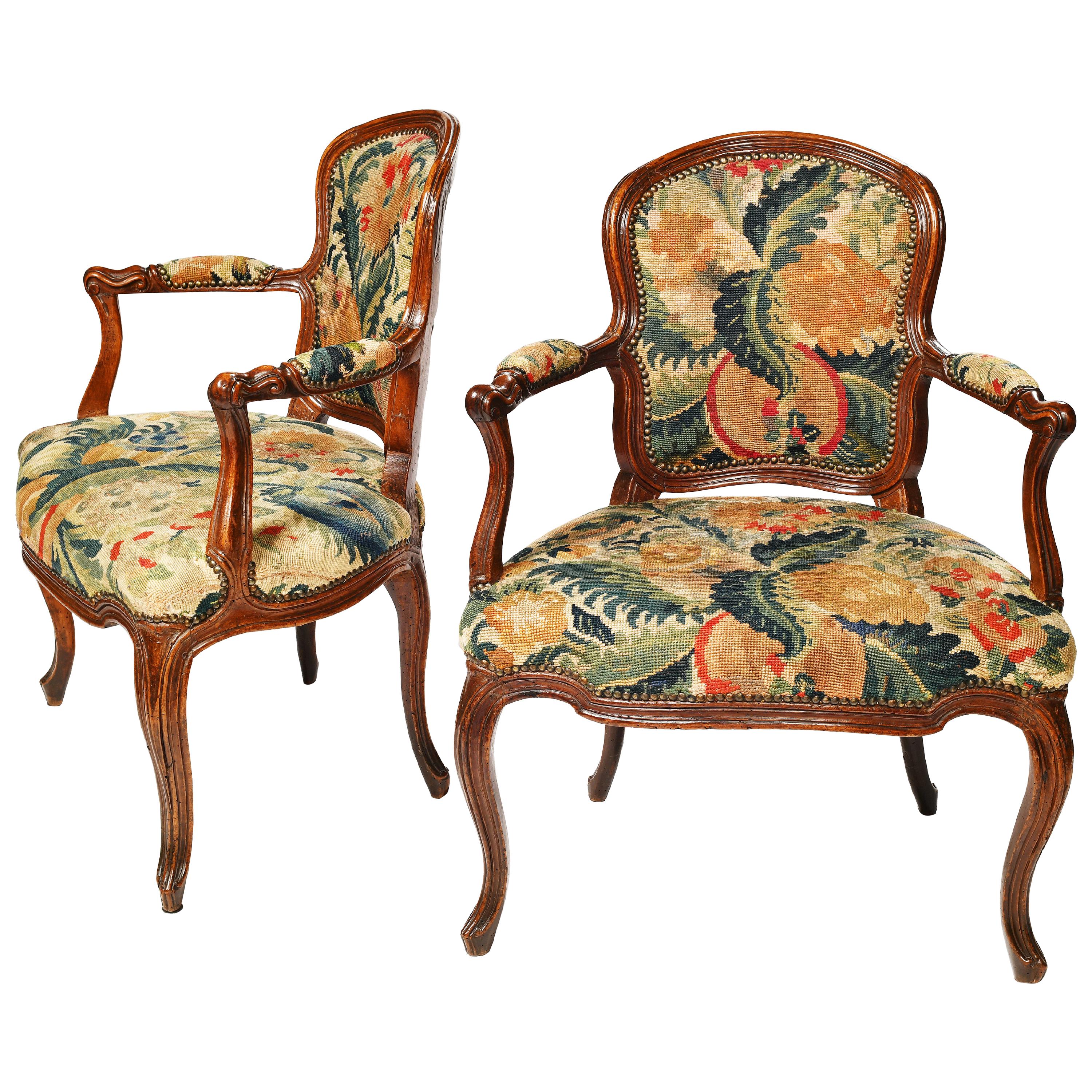 Ancient Italian Pair of Armchairs in “Petit Point” Embroidery, Turin Circa 1750 