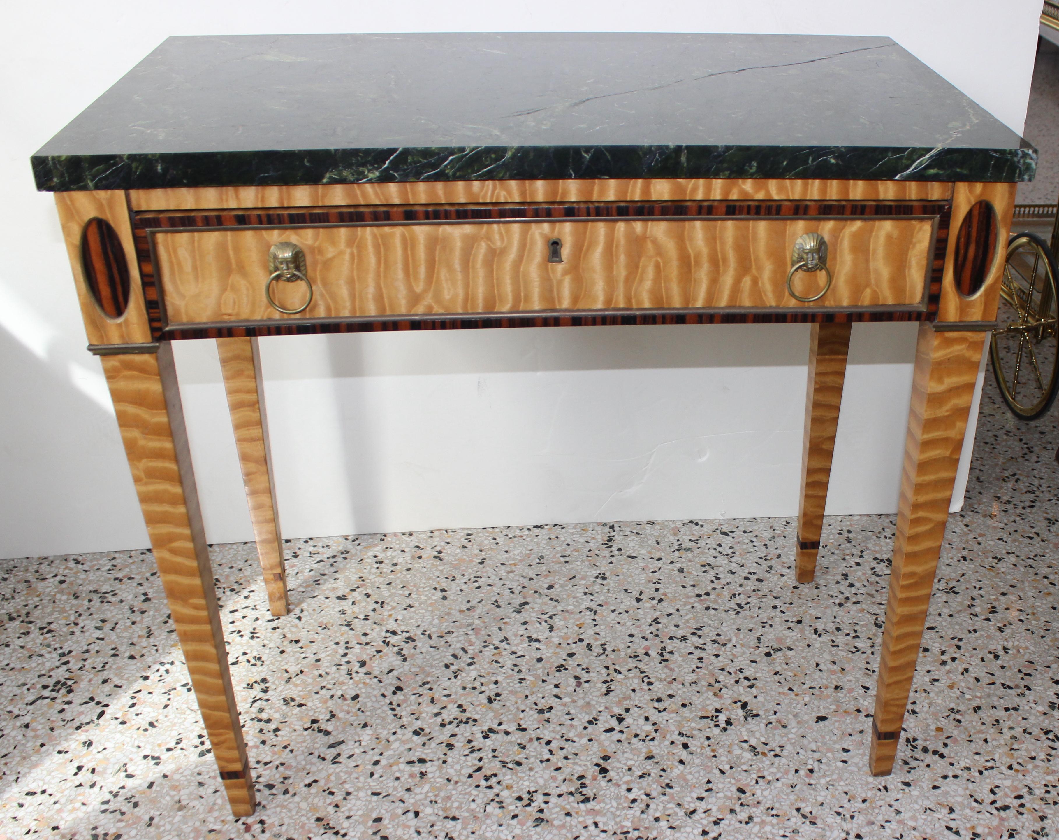 American Classical Mid-19 Century American Side Table in Ribbon Satinwood and Marble