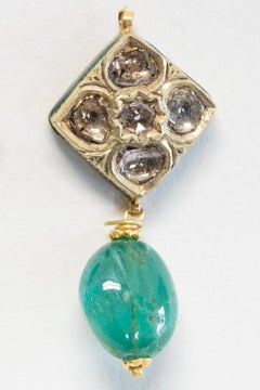 Diamond Emerald 22 Karat Drop Earrings with Indian Kundan Enamel Work, Mid-1900s