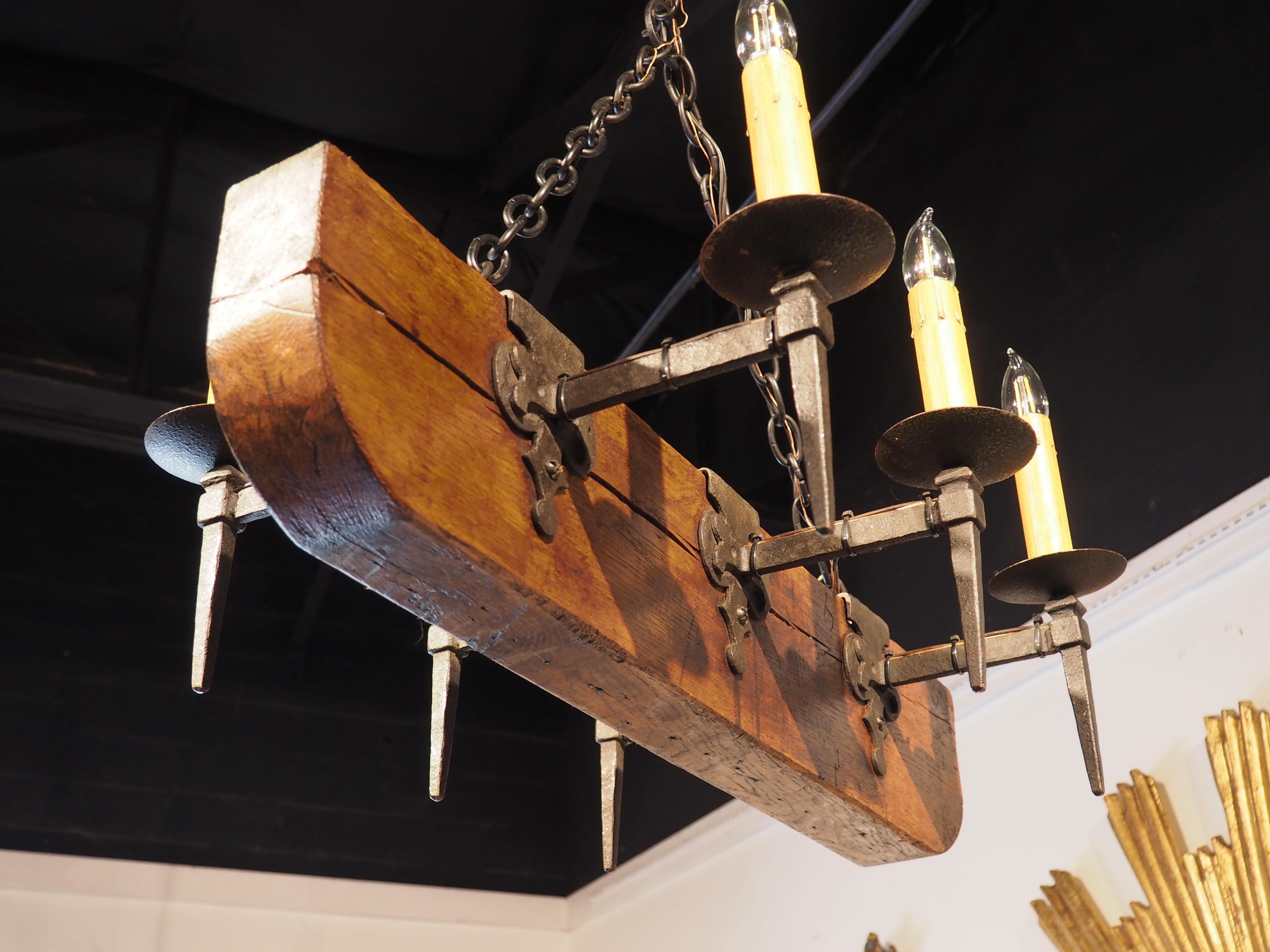 Mid 1900s French Oak Beam and Wrought Iron 6-Light Chandelier 3