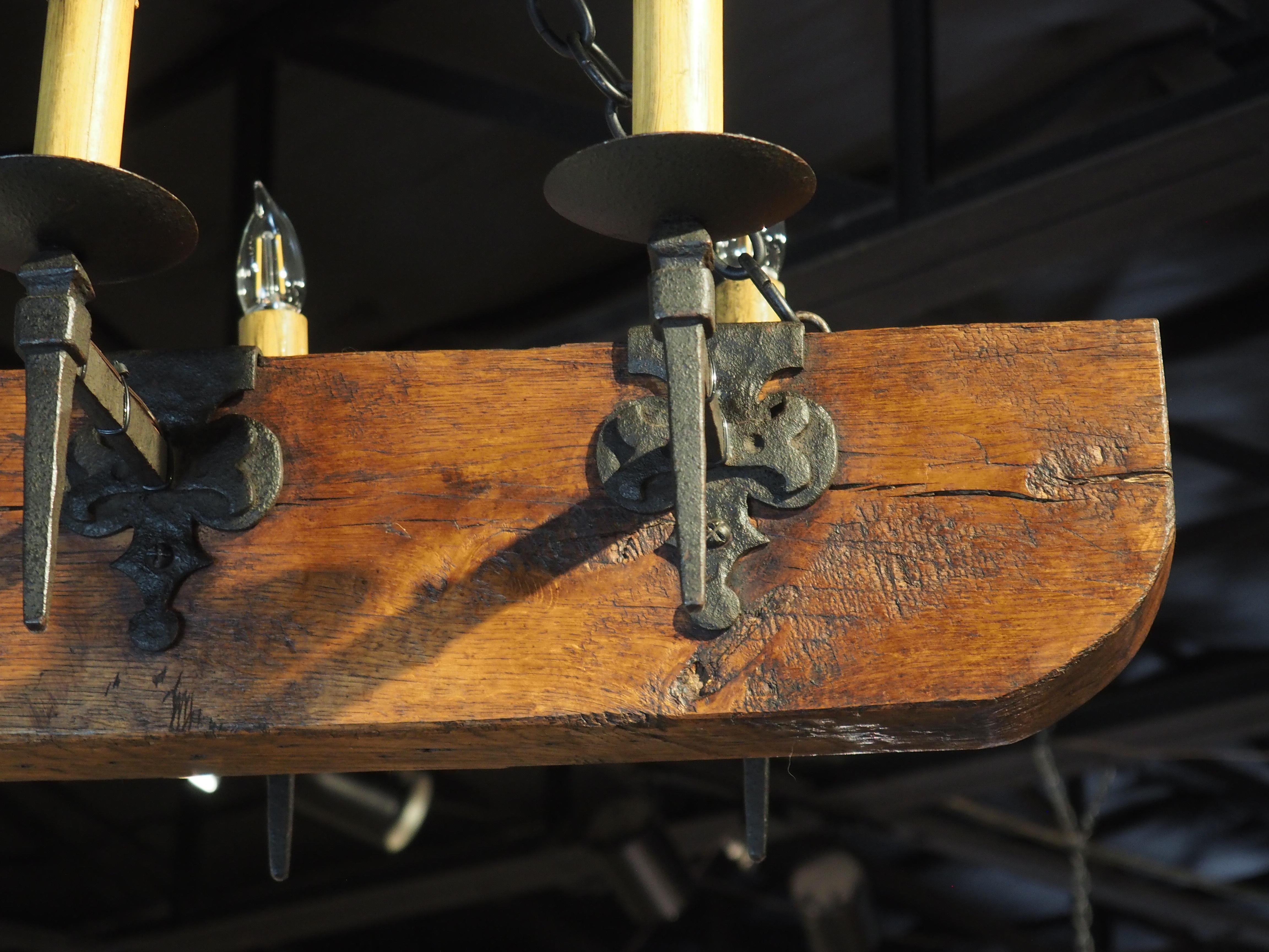 Mid 1900s French Oak Beam and Wrought Iron 6-Light Chandelier 11
