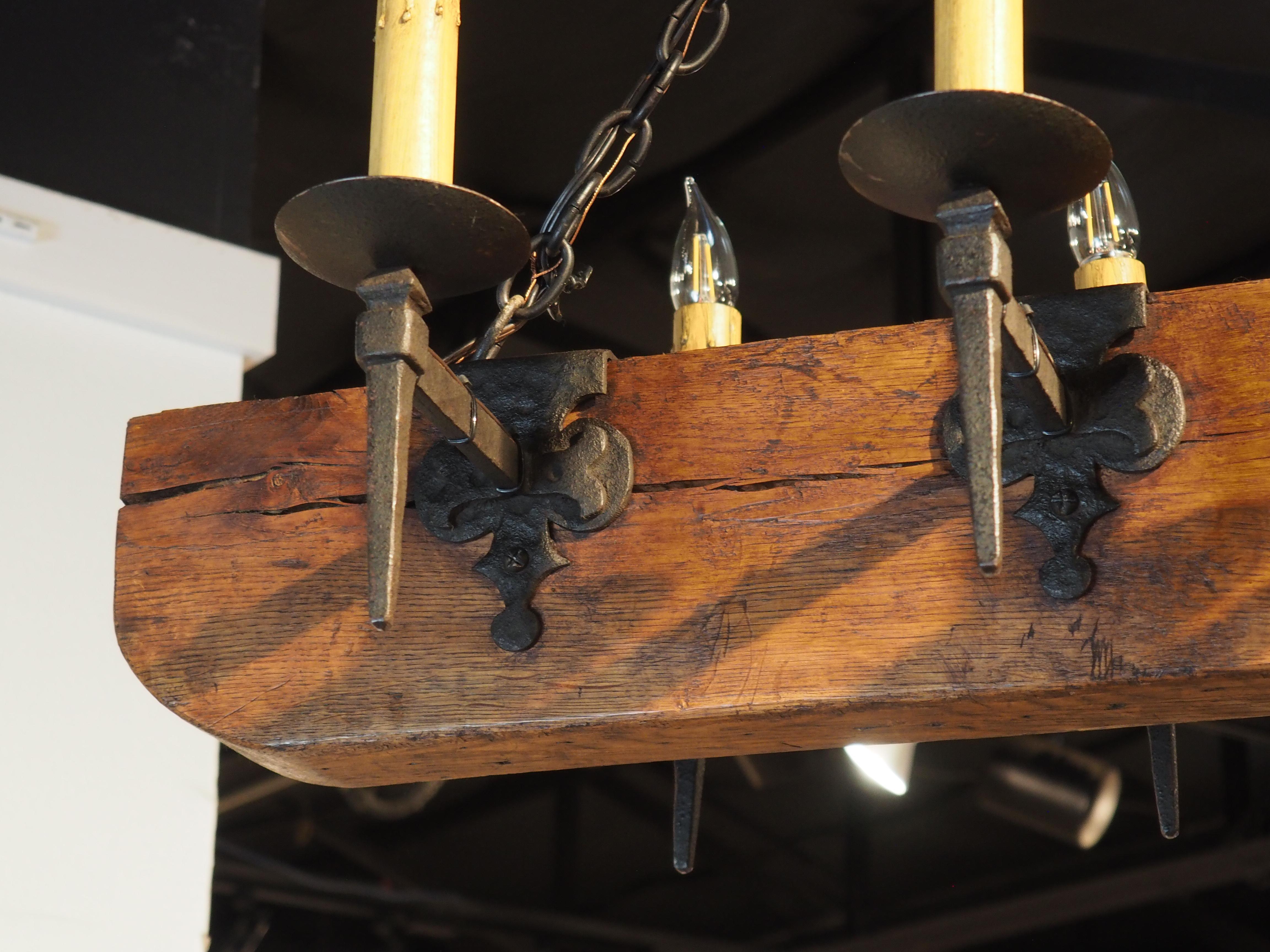 Mid 1900s French Oak Beam and Wrought Iron 6-Light Chandelier 12