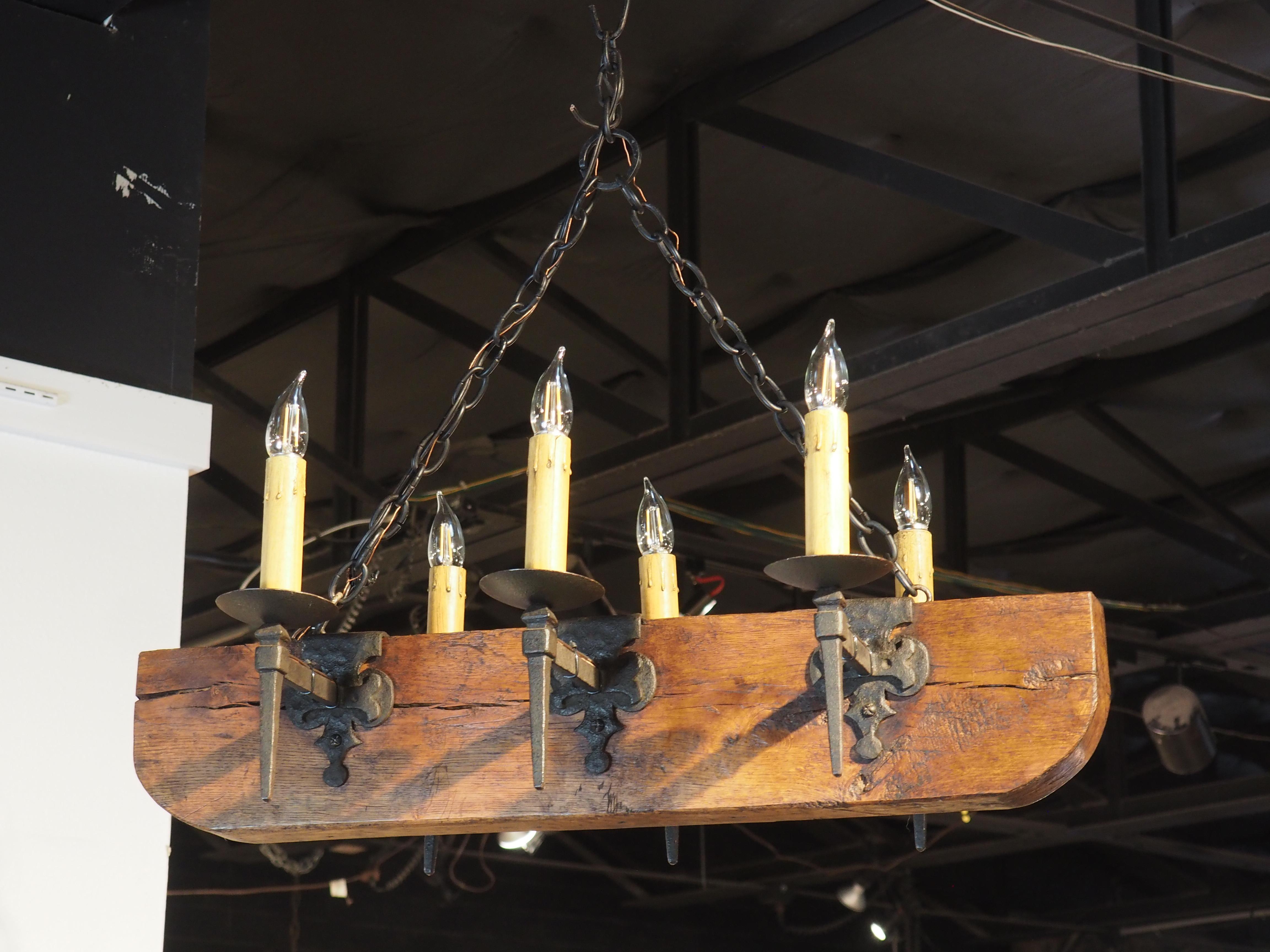 Mid 1900s French Oak Beam and Wrought Iron 6-Light Chandelier 13