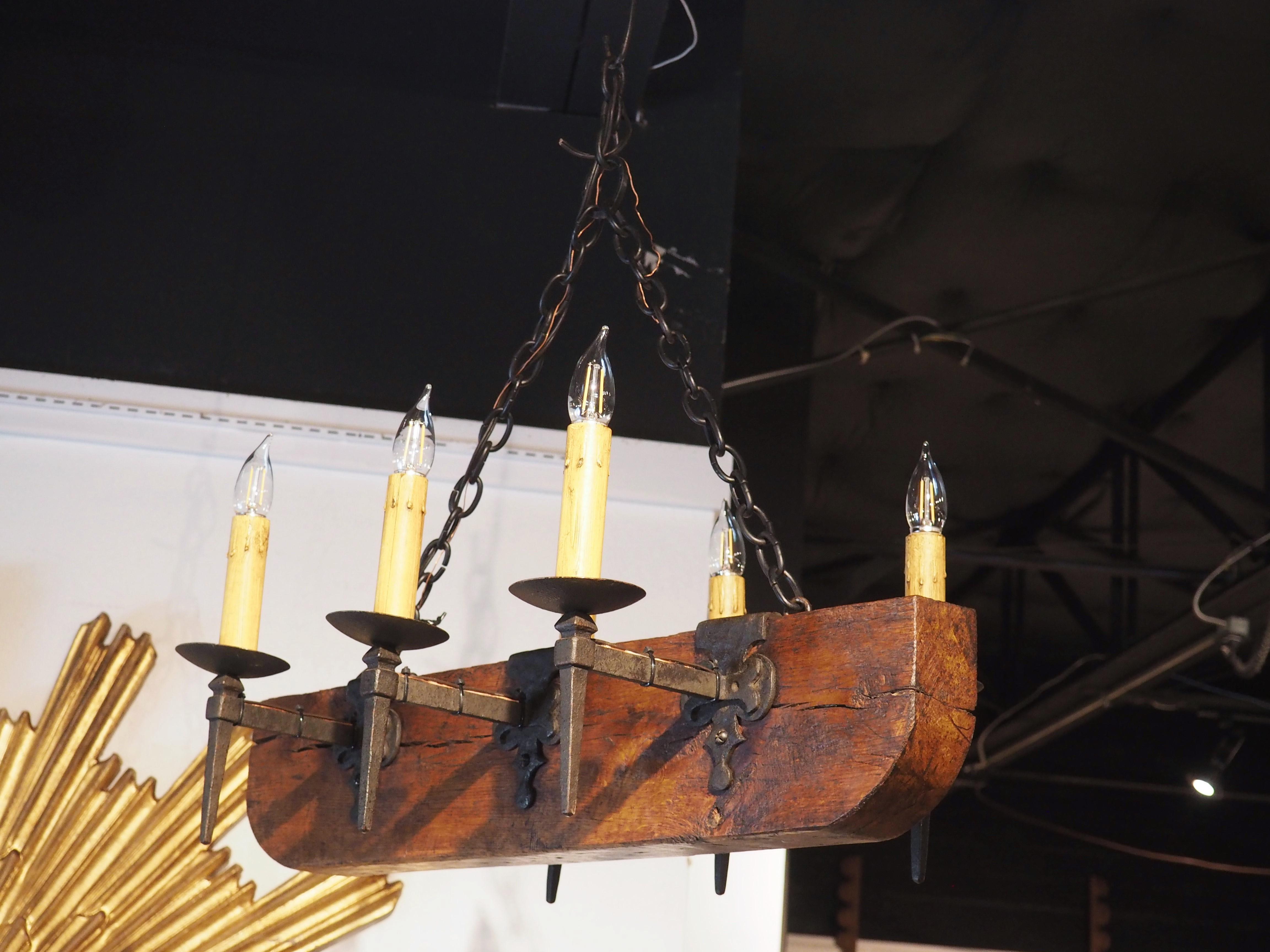 Hand-Carved Mid 1900s French Oak Beam and Wrought Iron 6-Light Chandelier