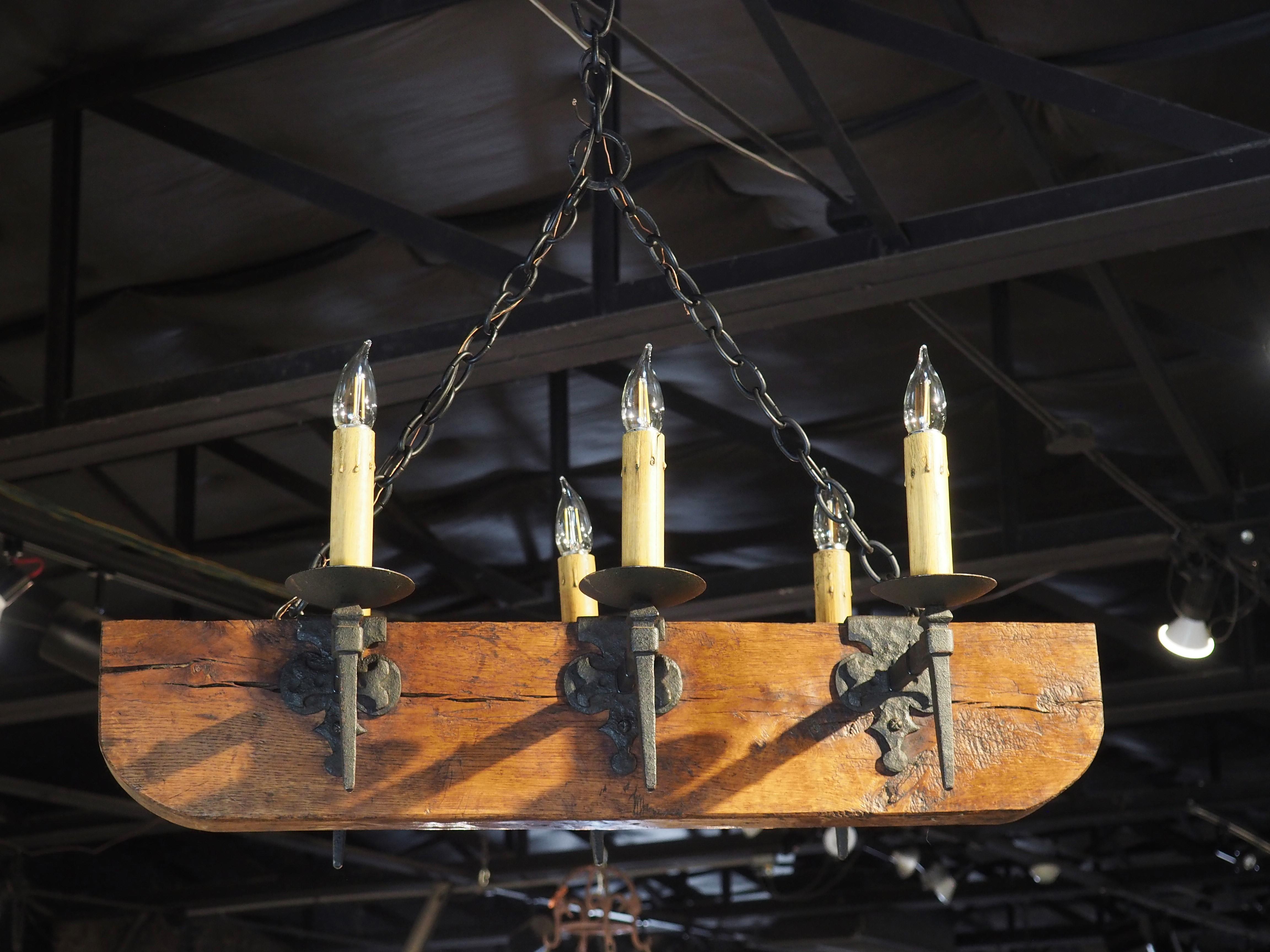 20th Century Mid 1900s French Oak Beam and Wrought Iron 6-Light Chandelier