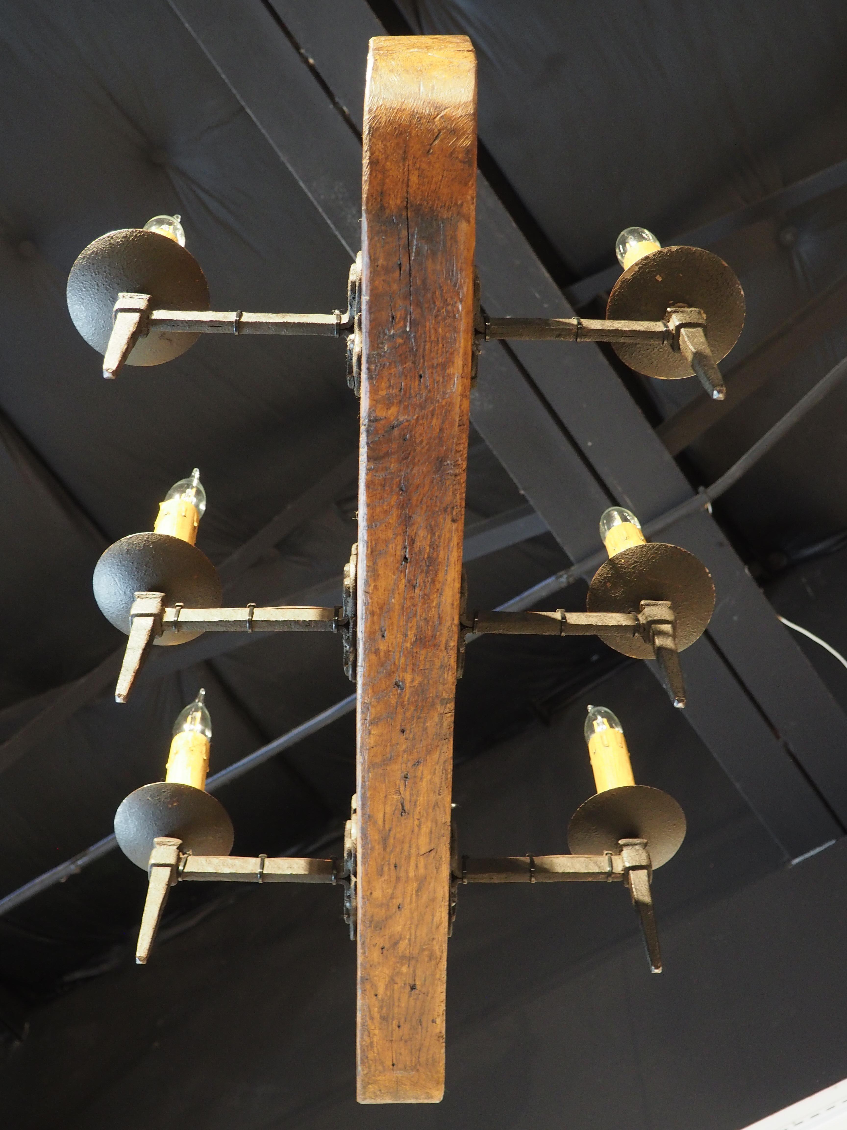 Metal Mid 1900s French Oak Beam and Wrought Iron 6-Light Chandelier