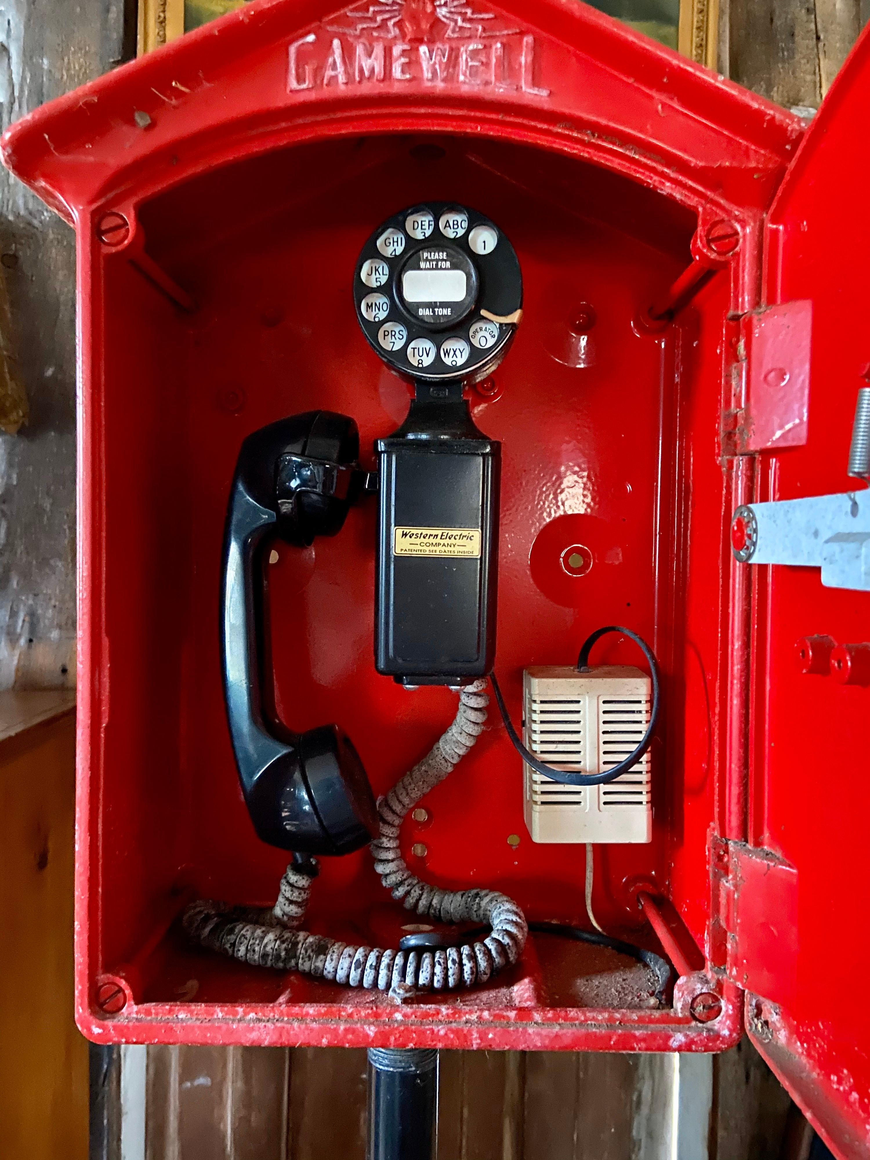 Mid-1900s Red Gamewell Cast Iron Fire Alarm Master Box w/ Western Electric Phone In Fair Condition For Sale In Vineyard Haven, MA