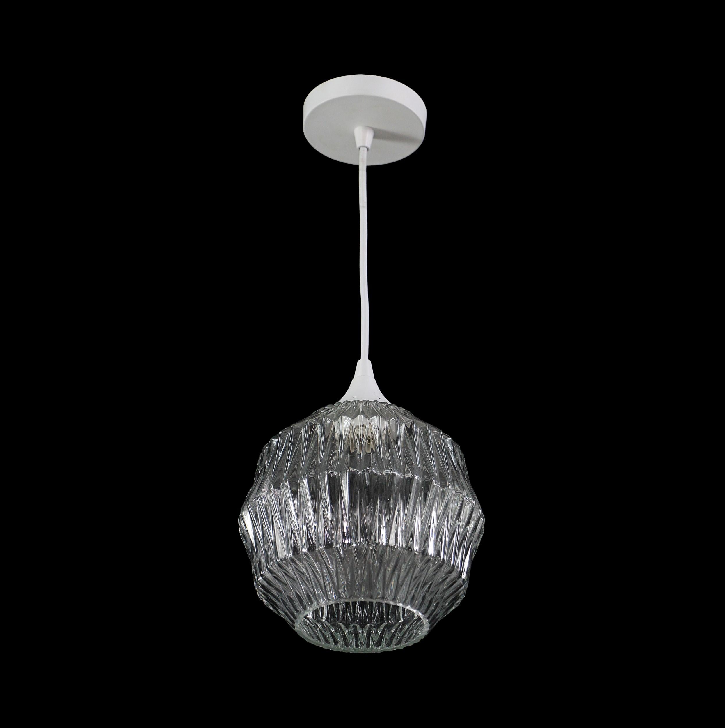 Mid-Century Modern Swedish pendant light with geometric molded glass shade with open bottom. This rare glass shade is fitted with a newly wired fitter featuring a white rod and canopy. Cleaned and rewired. Small quantity available at time of