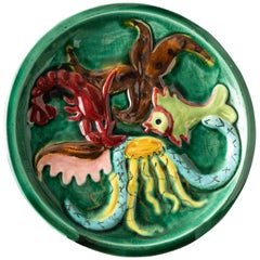 Mid-1950s, Vintage Cerenne Valauris Ceramics Plate from France Depicting Sealife