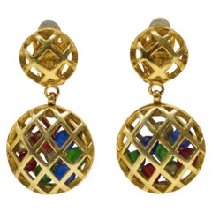 Mid 1970's-80's Chanel Earrings with Hanging Caged Multicolored Beads 