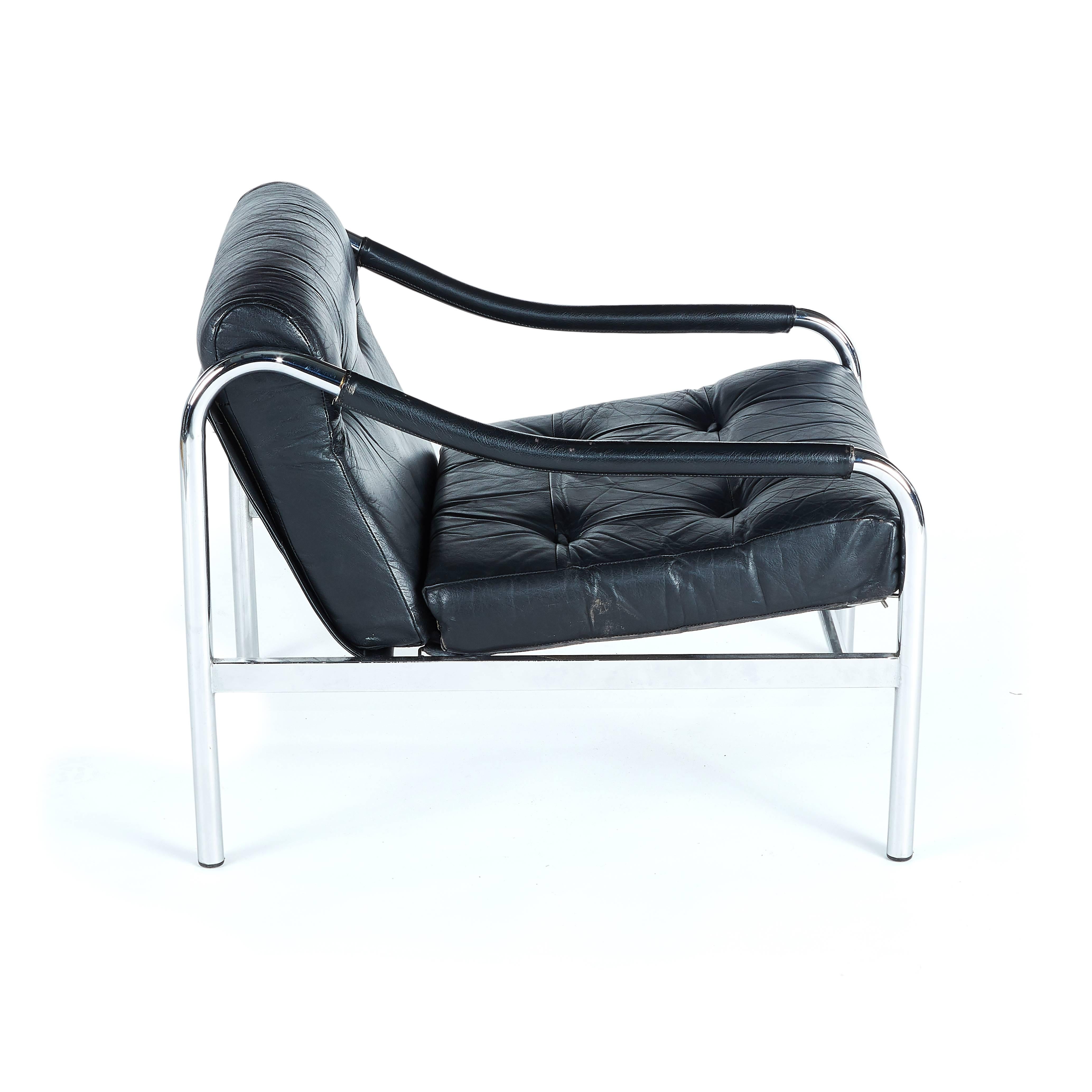 Mid-Century Modern Mid-1970s Black Leather and Chrome Suite of Kadia Seat Furniture by Pieff