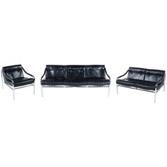 Mid-1970s Black Leather and Chrome Suite of Kadia Seat Furniture by Pieff