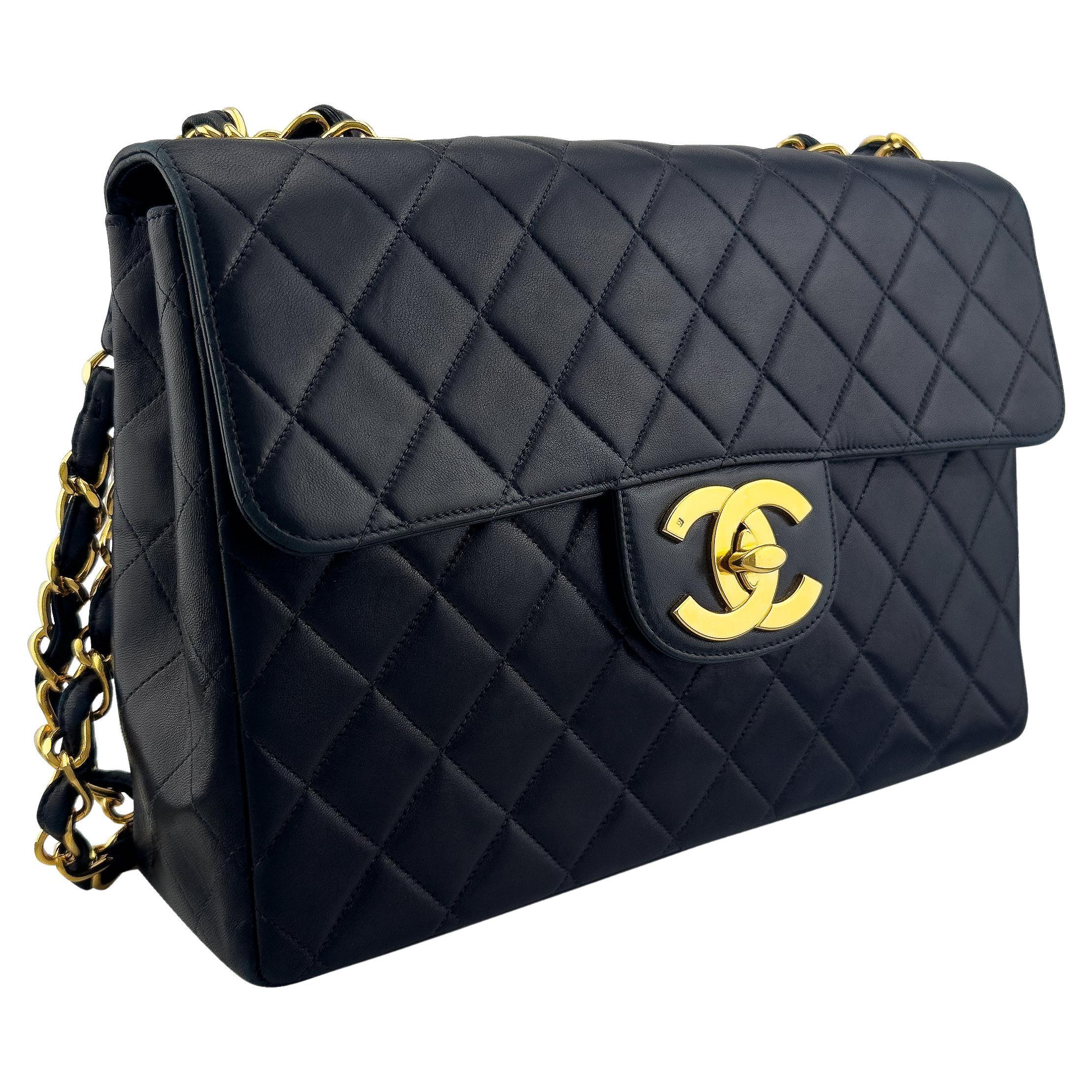 Mid 1990s Chanel Black Quilted Lambskin Jumbo Flap Bag with 24K Gold Hardware For Sale