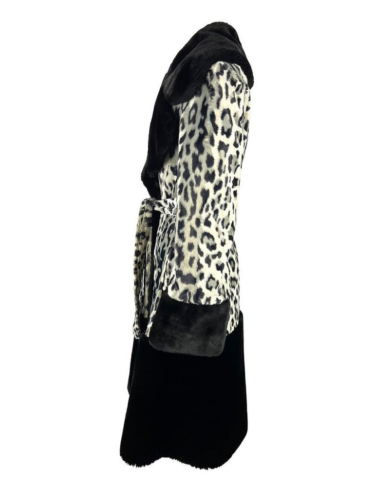 Mid 1990s Dolce & Gabbana Cheetah Print Black Faux Fur Wrap Coat In Good Condition For Sale In Philadelphia, PA