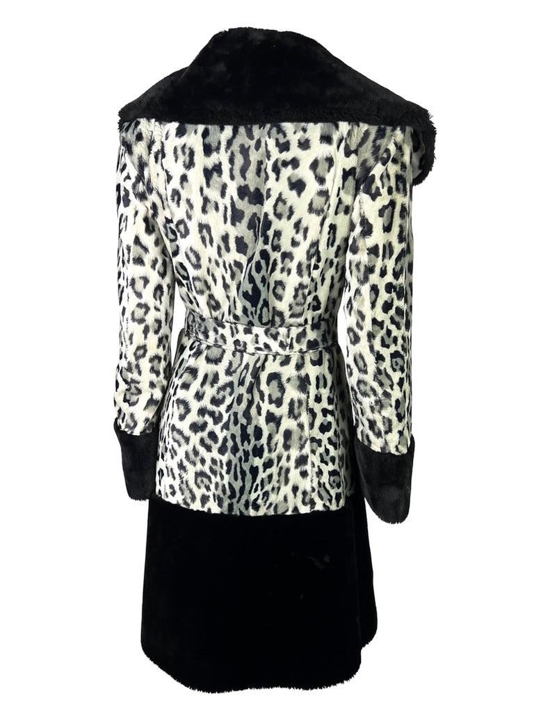Women's Mid 1990s Dolce & Gabbana Cheetah Print Black Faux Fur Wrap Coat For Sale