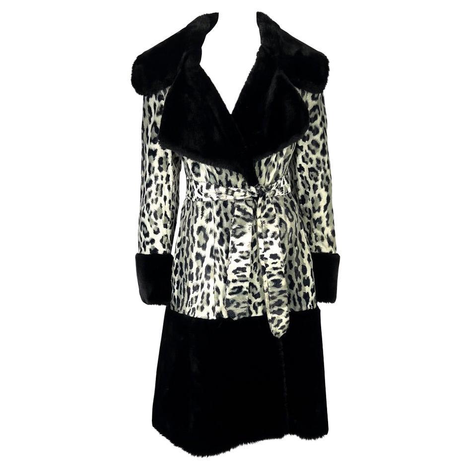 Mid 1990s Dolce & Gabbana Cheetah Print Black Faux Fur Wrap Coat