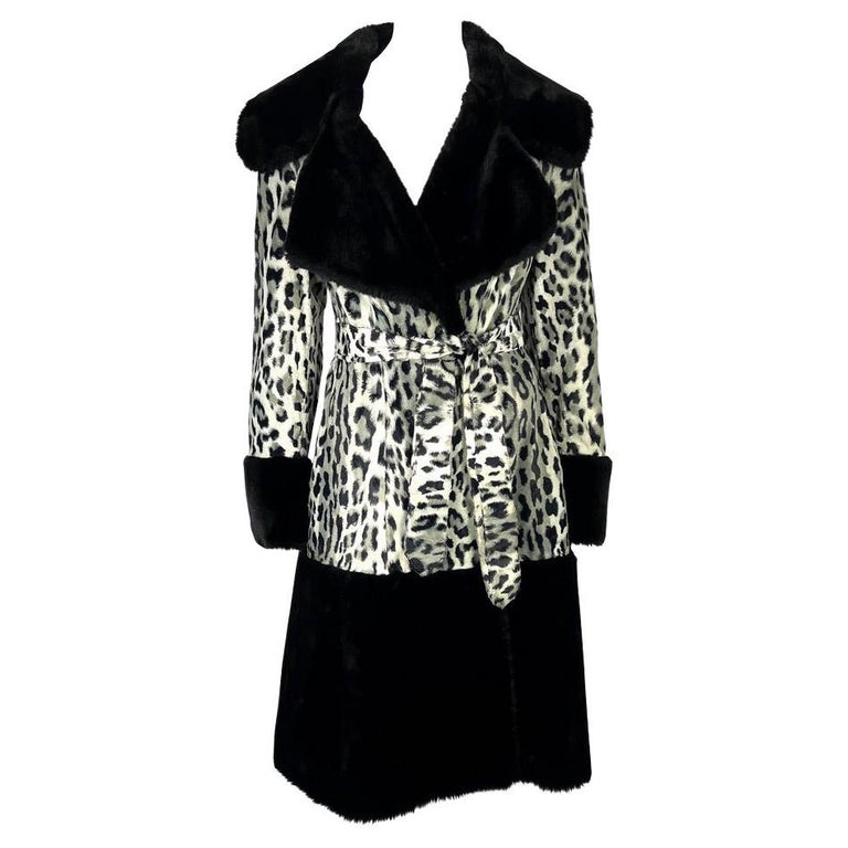 Mid 1990s Dolce & Gabbana Cheetah Print Black Faux Fur Wrap Coat For Sale