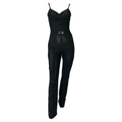 Mid 1990s Dolce & Gabbana DG Logo Buckle Sheer Black Bustier Stretch Catsuit
