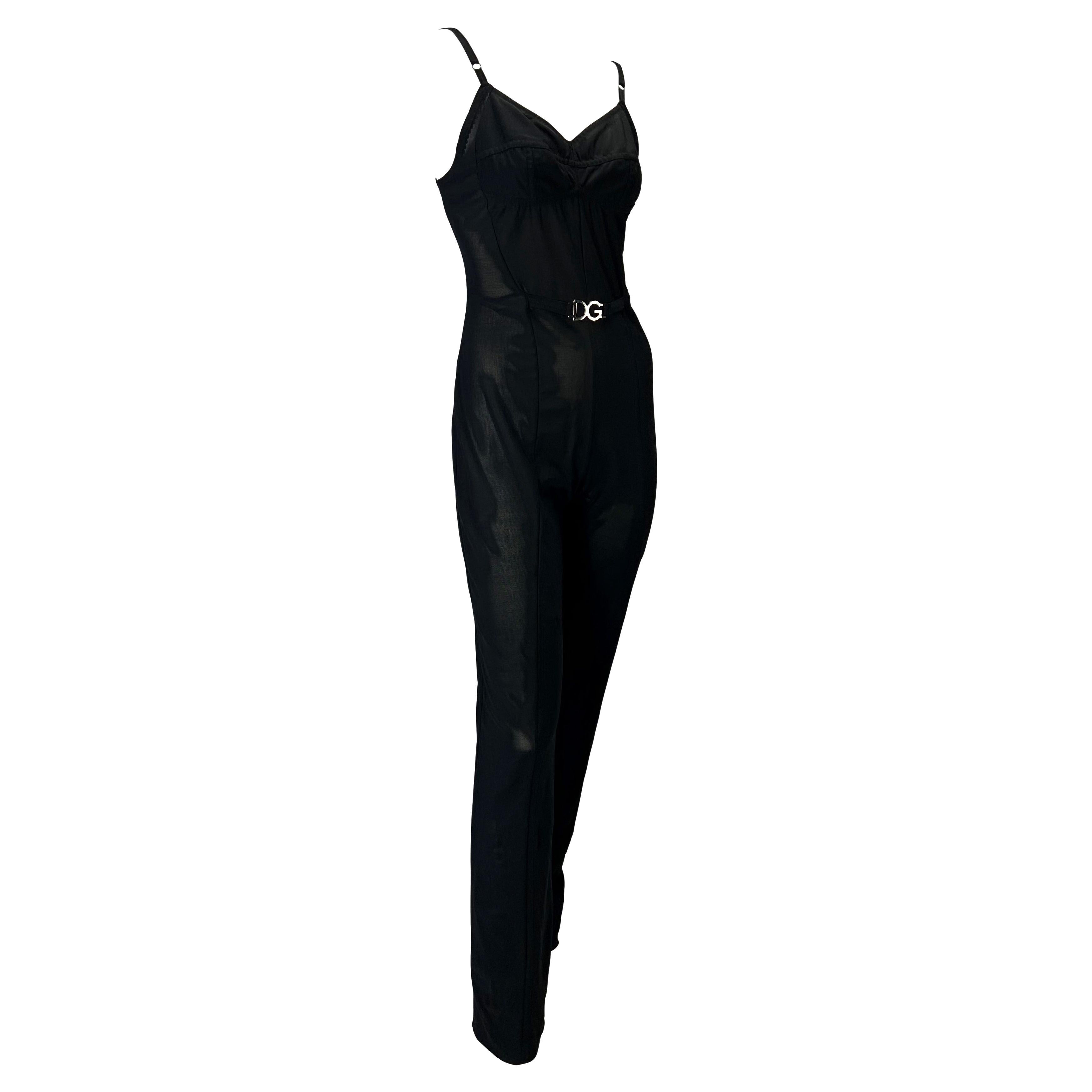 Mid 1990s Dolce & Gabbana Logo Black Bustier Corset Sheer Stretch Catsuit  In Good Condition For Sale In West Hollywood, CA
