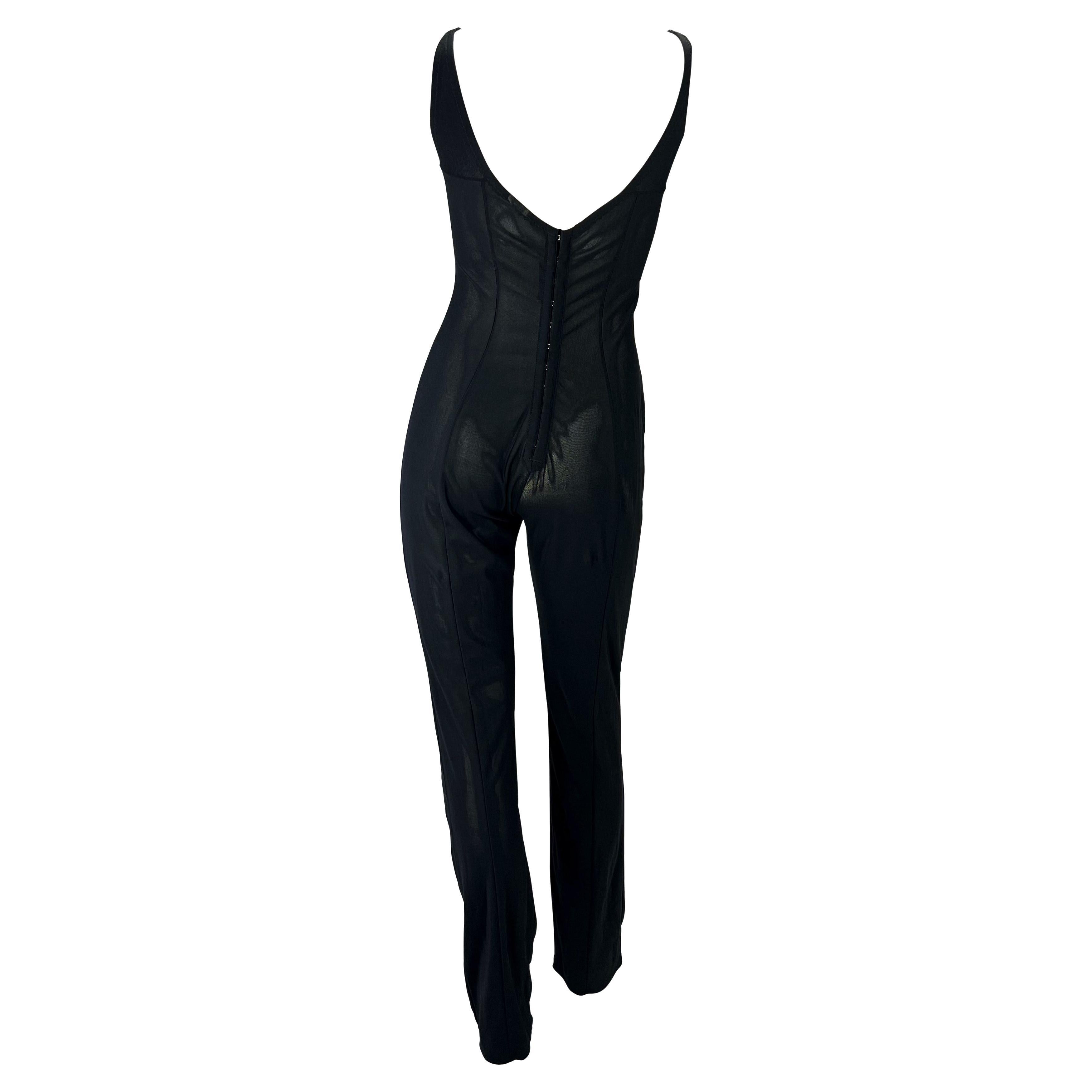 Milieu des années 1990 Dolce & Gabbana Logo noir Bustier Corset Sheer Stretch Catsuit  Pour femmes en vente