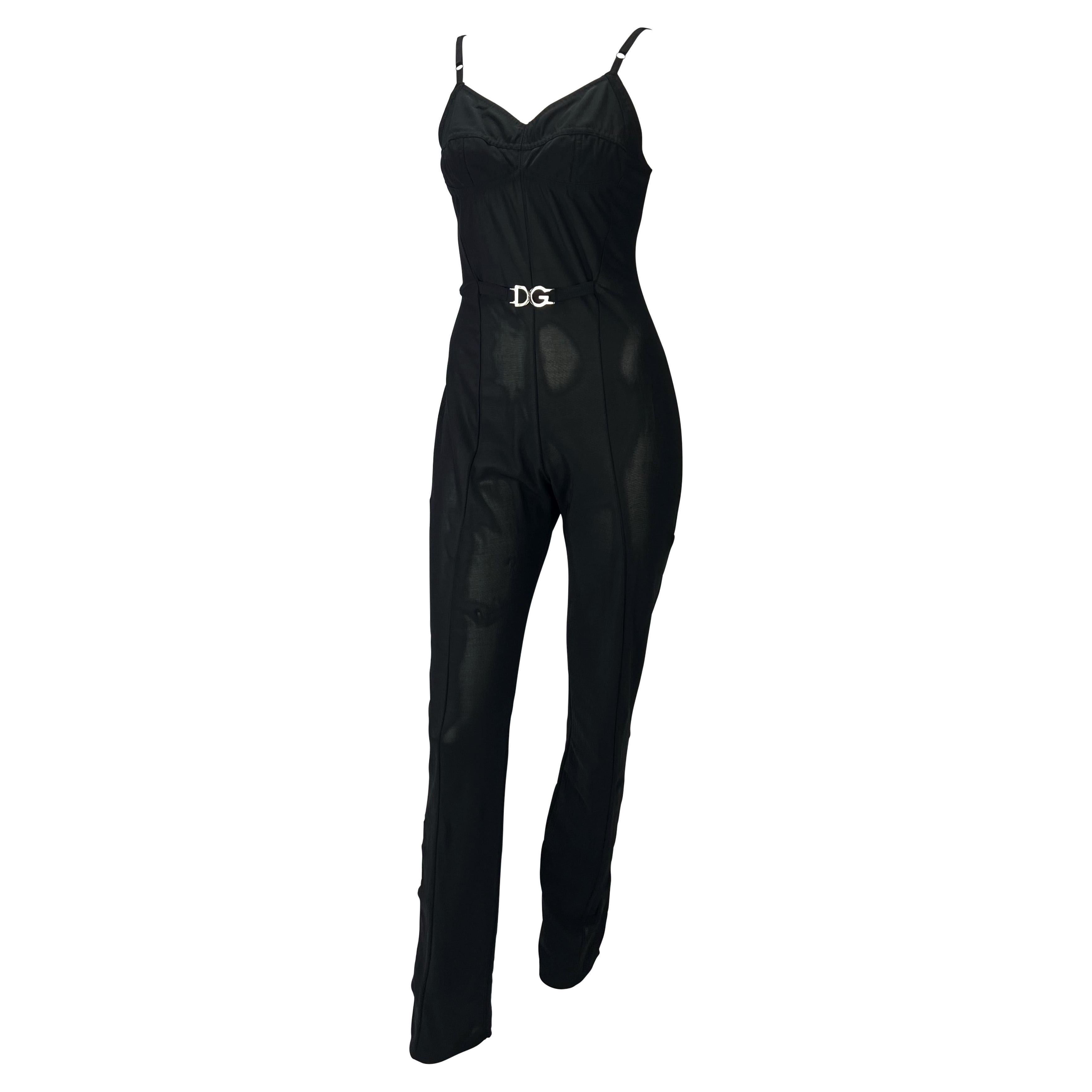 Mid 1990s Dolce & Gabbana DG Logo Buckle Sheer Black Bustier Stretch Catsuit