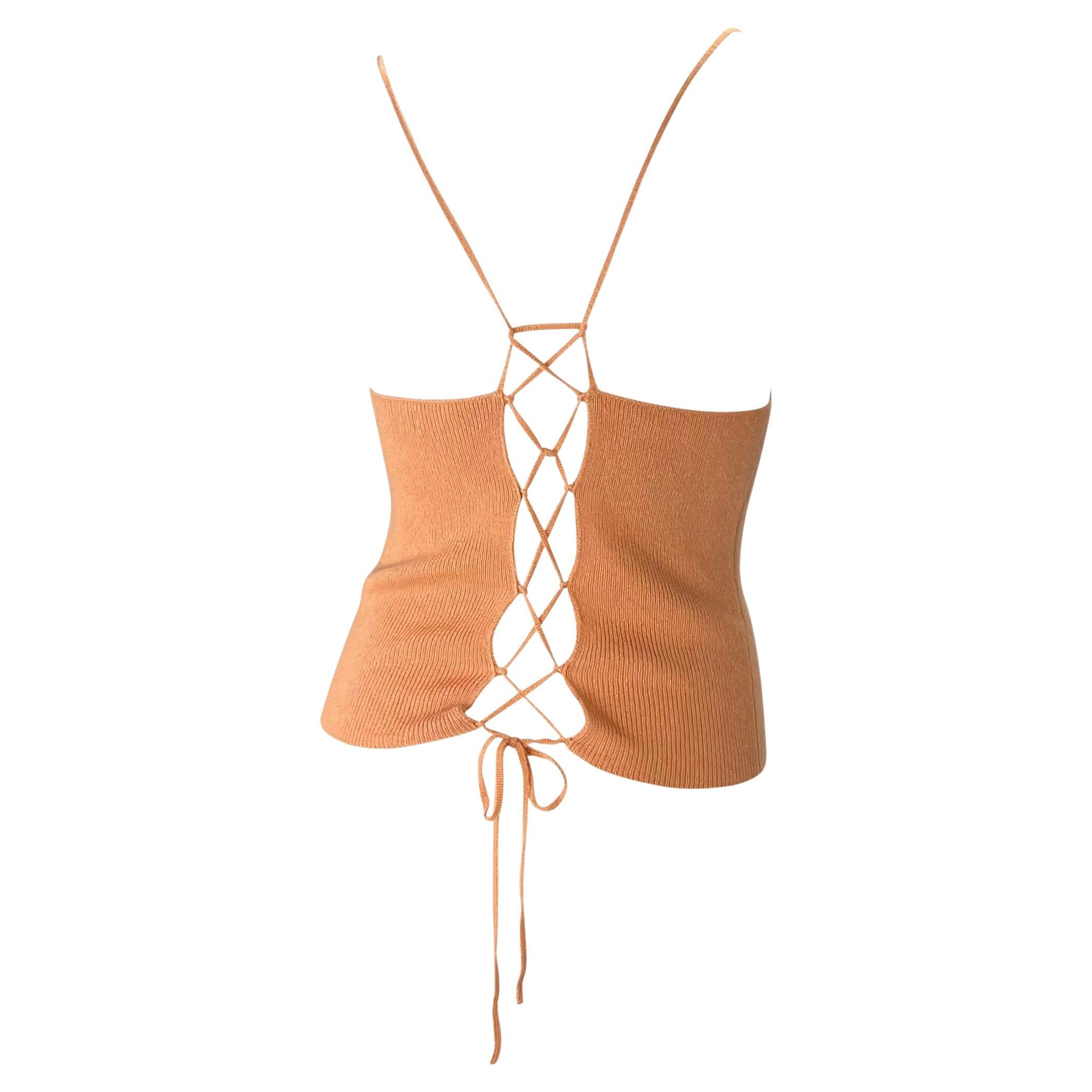 Milieu des années 1990 Gucci by Tom Ford Peach Knit Lace Up Sweater Tank Top