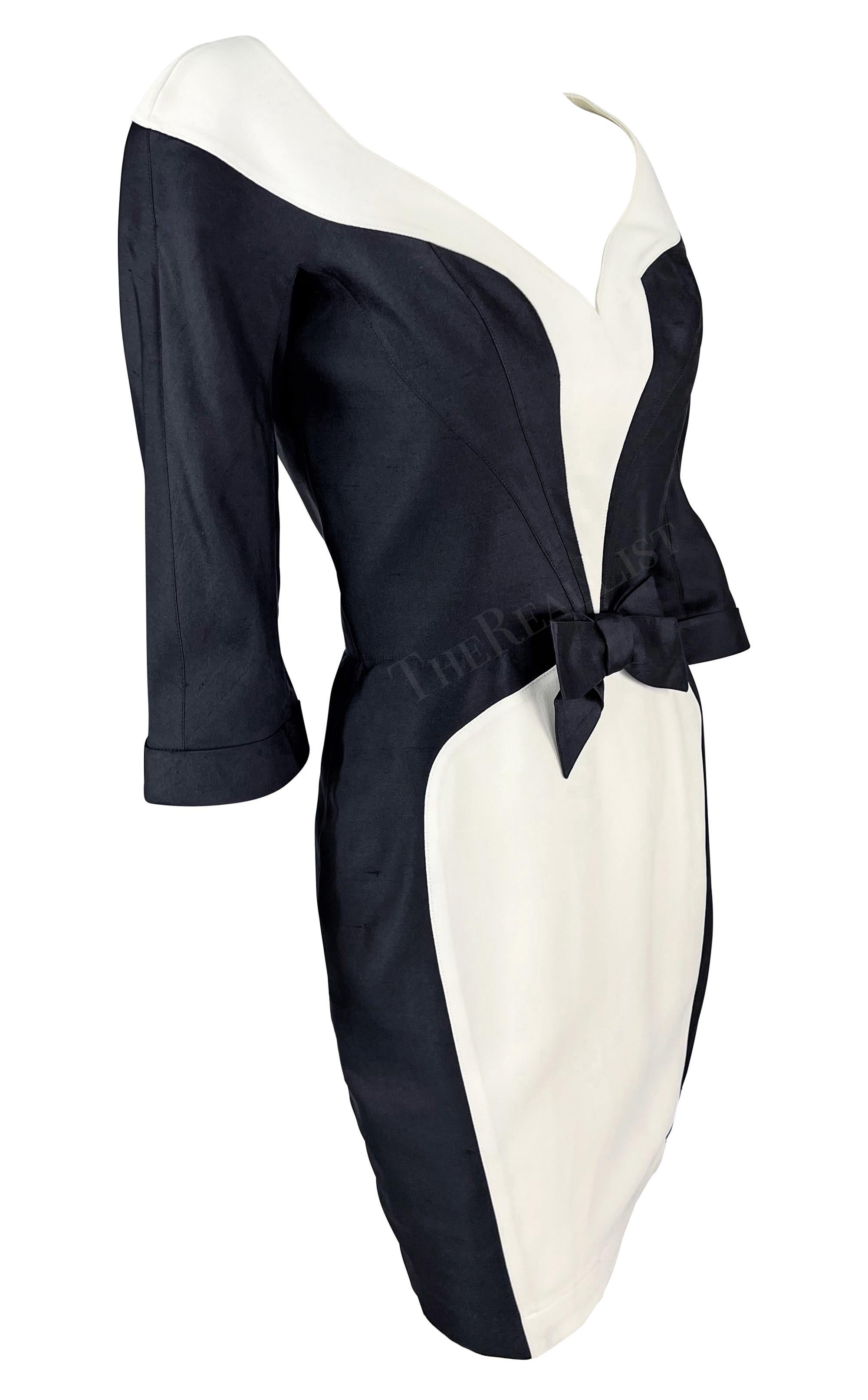 Mid 1990s Thierry Mugler Black White Silk Sheath Bow Dress For Sale 1
