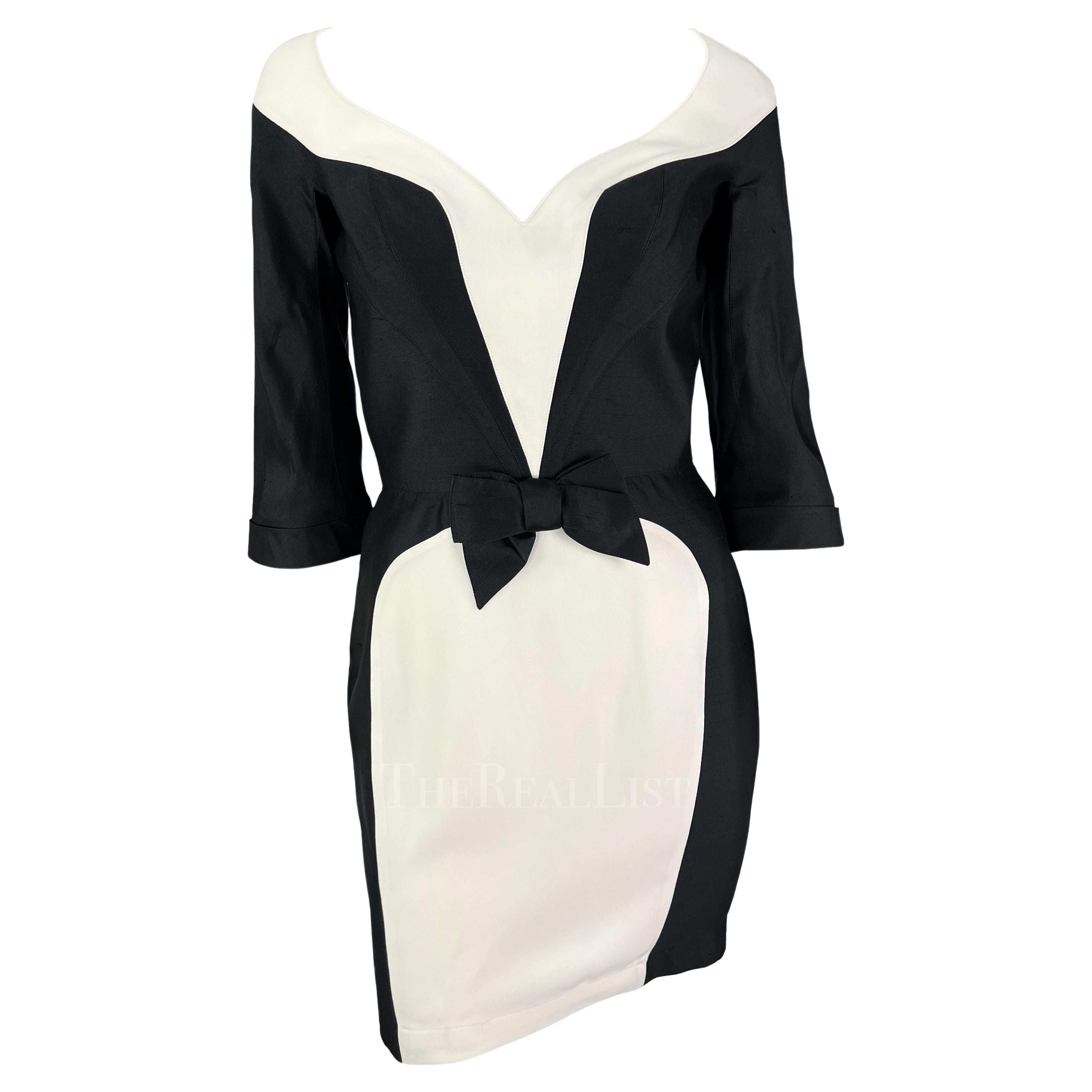 Mid 1990s Thierry Mugler Black White Silk Sheath Bow Dress For Sale