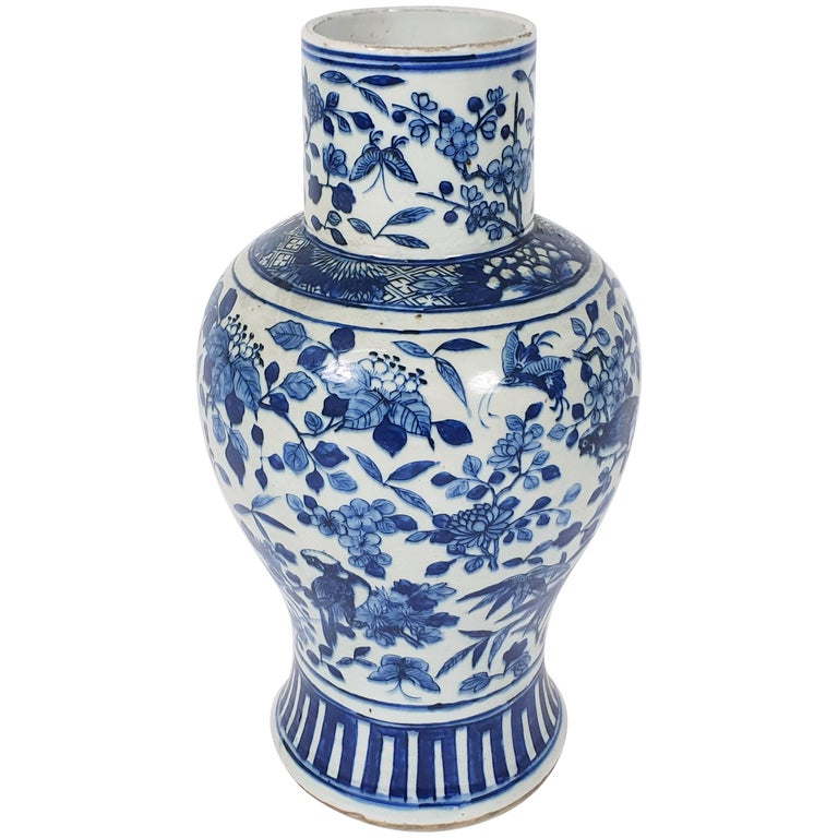 Mid19th Century Chinese Blue and White Pottery Vase For Sale at 1stDibs