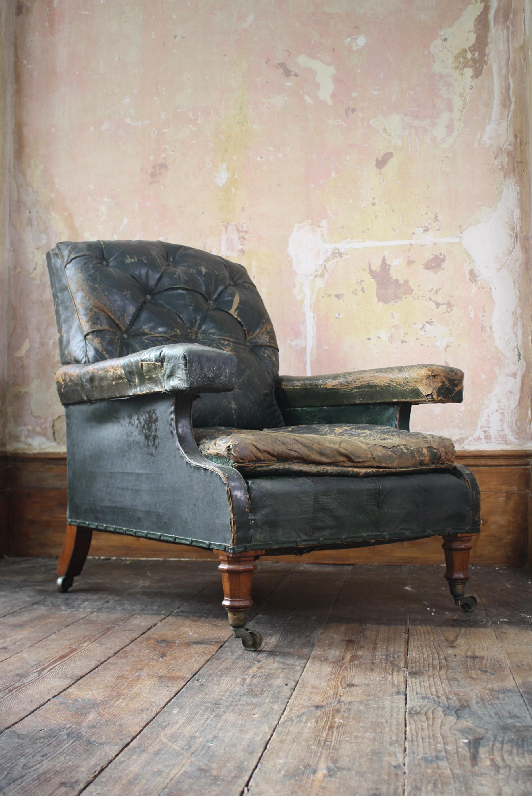 Mid 19th C Country House Gothic Revival Green Leather Armchair Holland & Sons For Sale 4