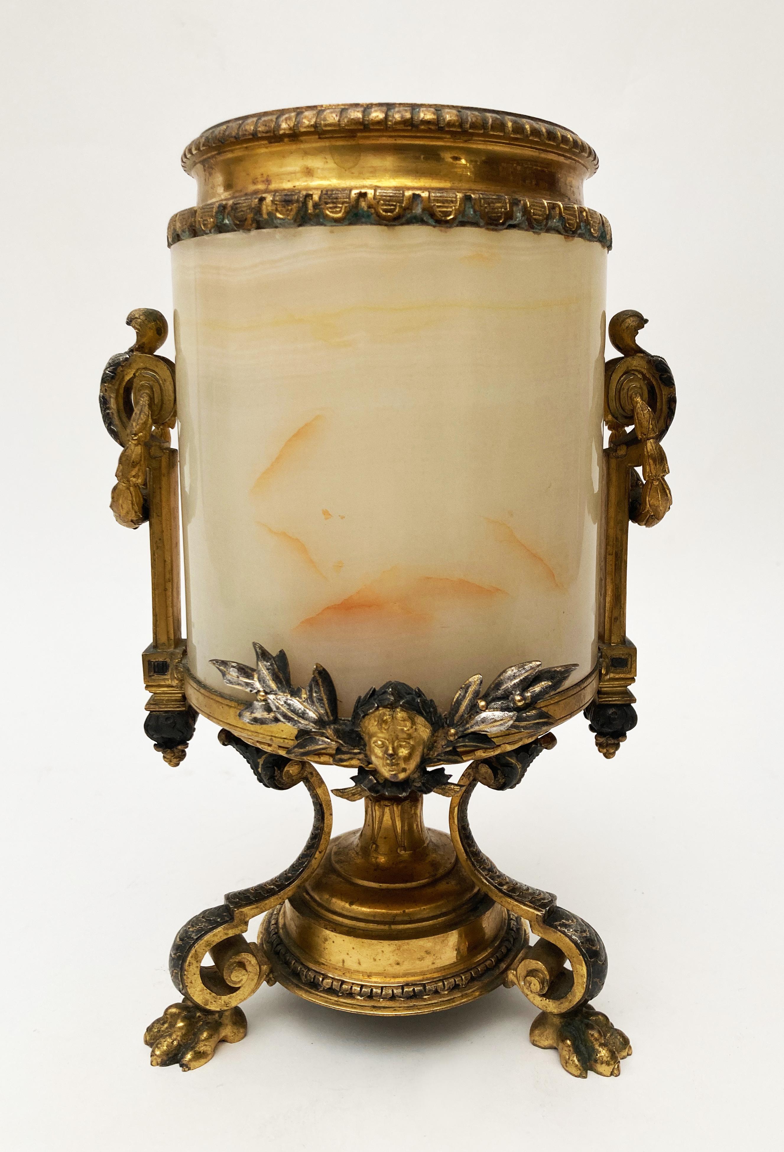 Empire Mid 19th c. Early French Silvered & Dore Bronze With Honey Alabaster Vase For Sale