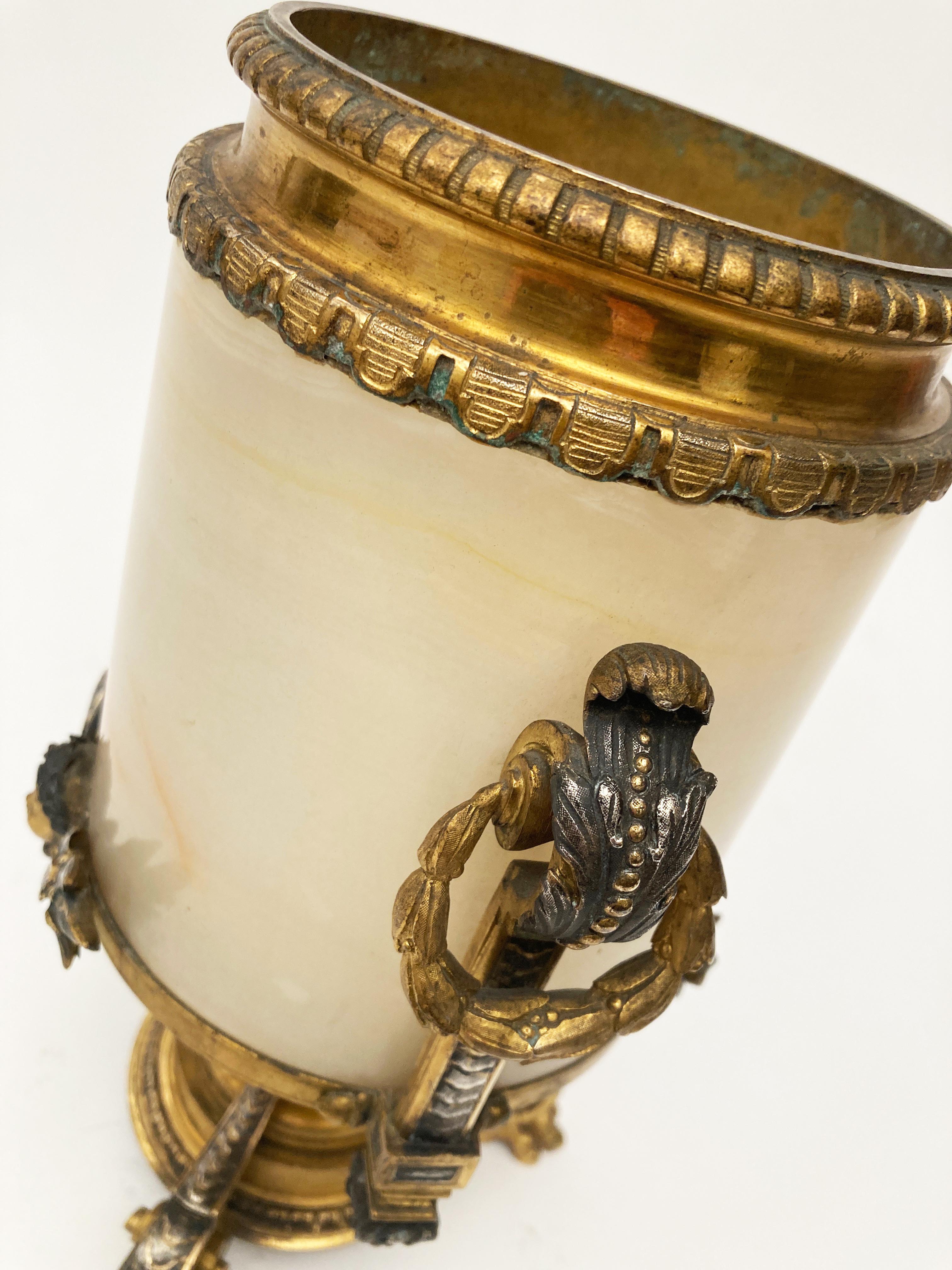 19th Century Mid 19th c. Early French Silvered & Dore Bronze With Honey Alabaster Vase For Sale