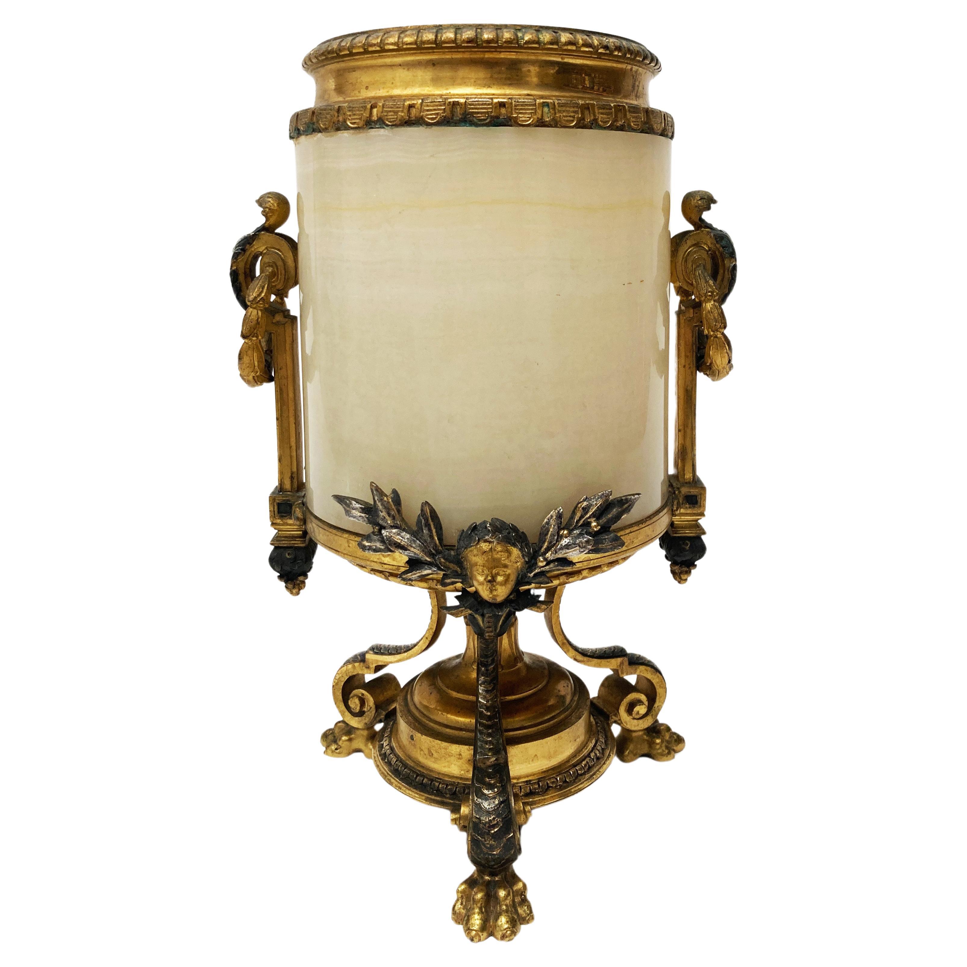 Mid 19th c. Early French Silvered & Dore Bronze With Honey Alabaster Vase For Sale