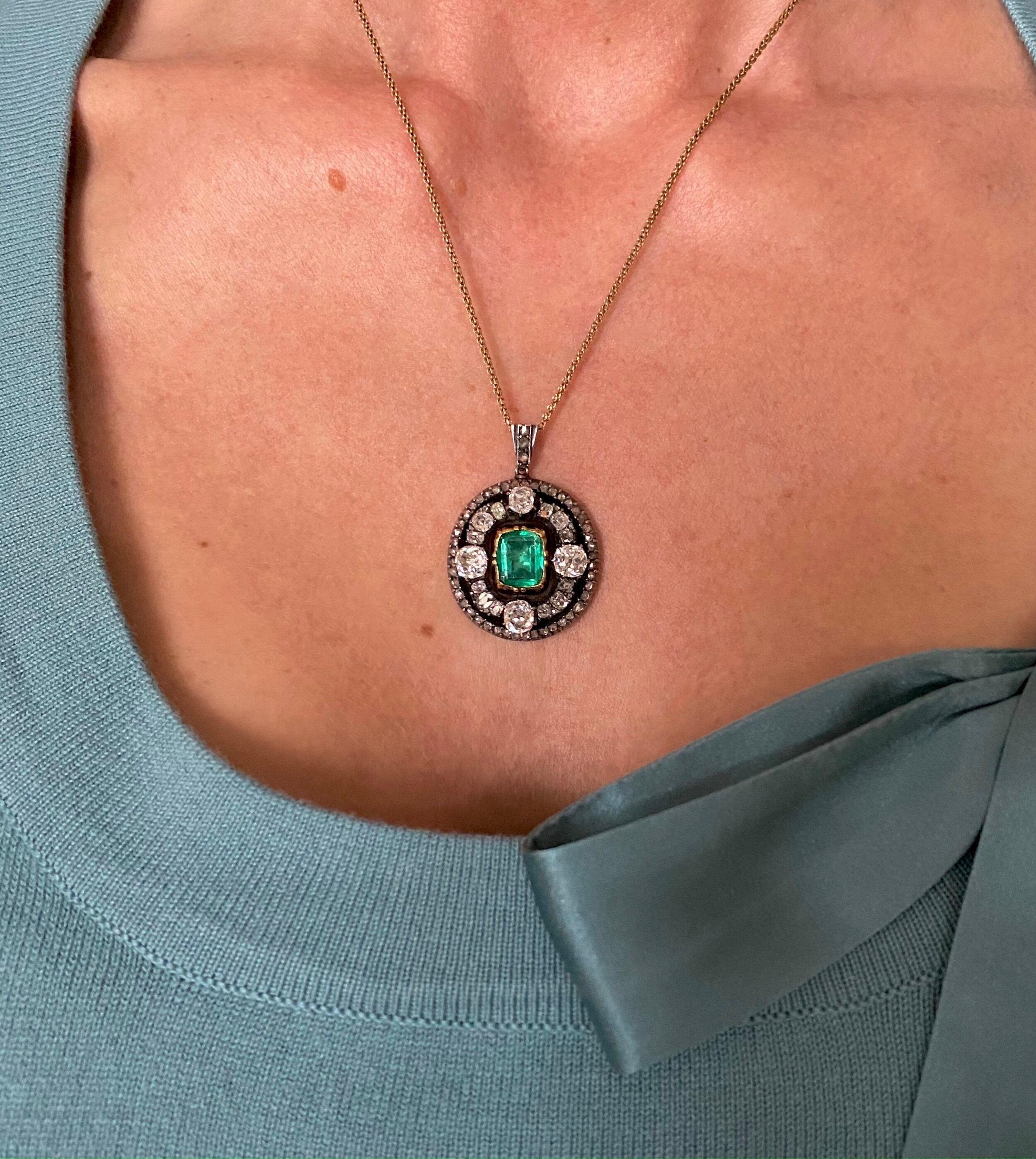 Women's Mid-19th C Emerald and Diamond Pendant For Sale