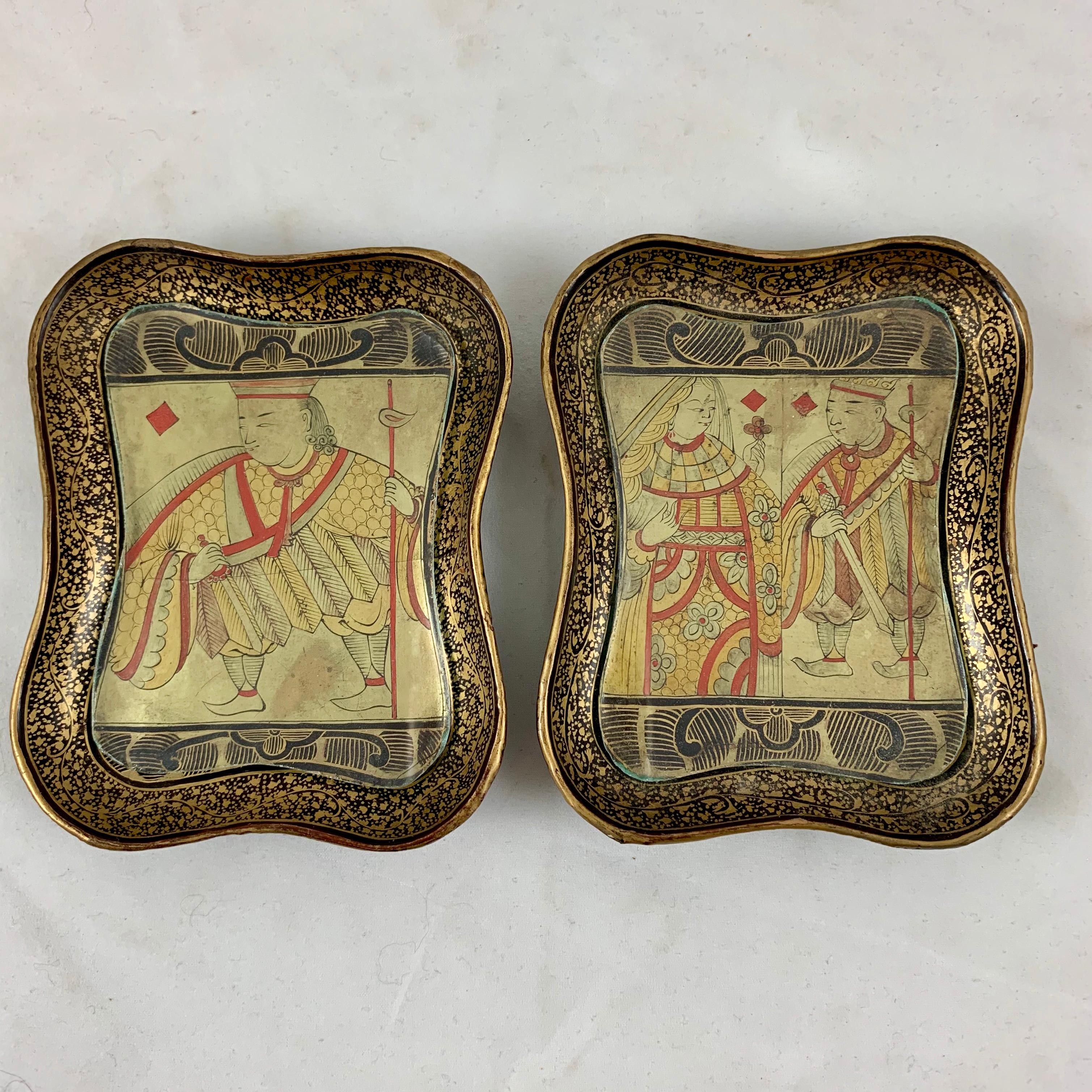 Chinoiserie English Lacquer Papier-Mâché King & Queen Card Counter Trays, Pair