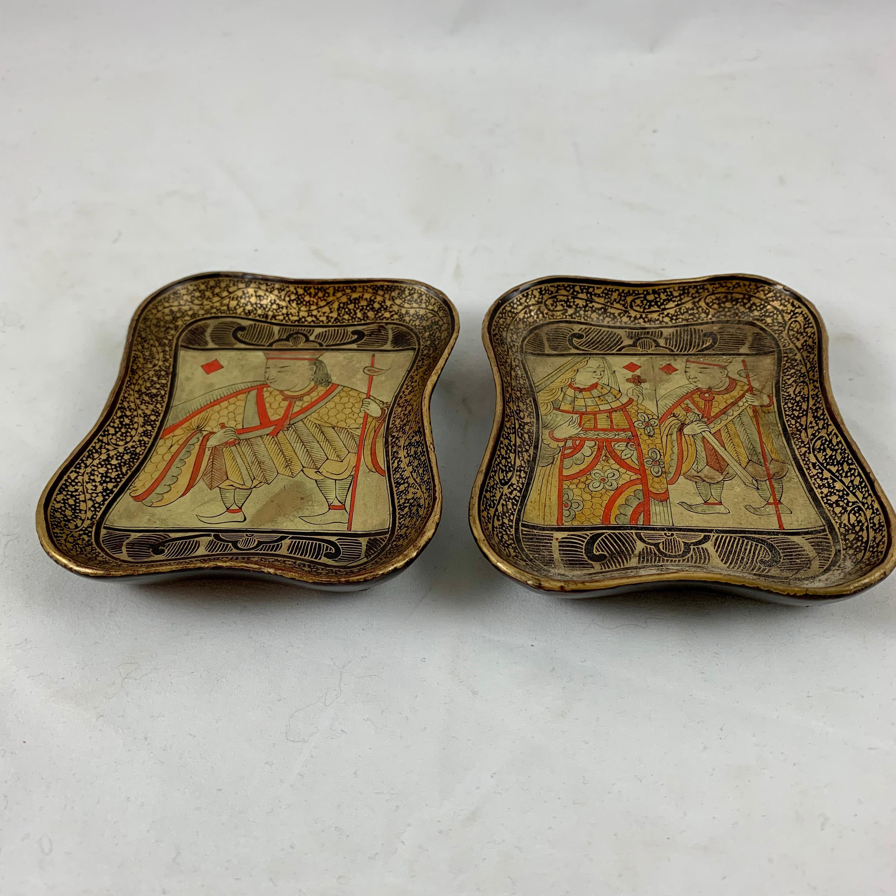 English Lacquer Papier-Mâché King & Queen Card Counter Trays, Pair 2