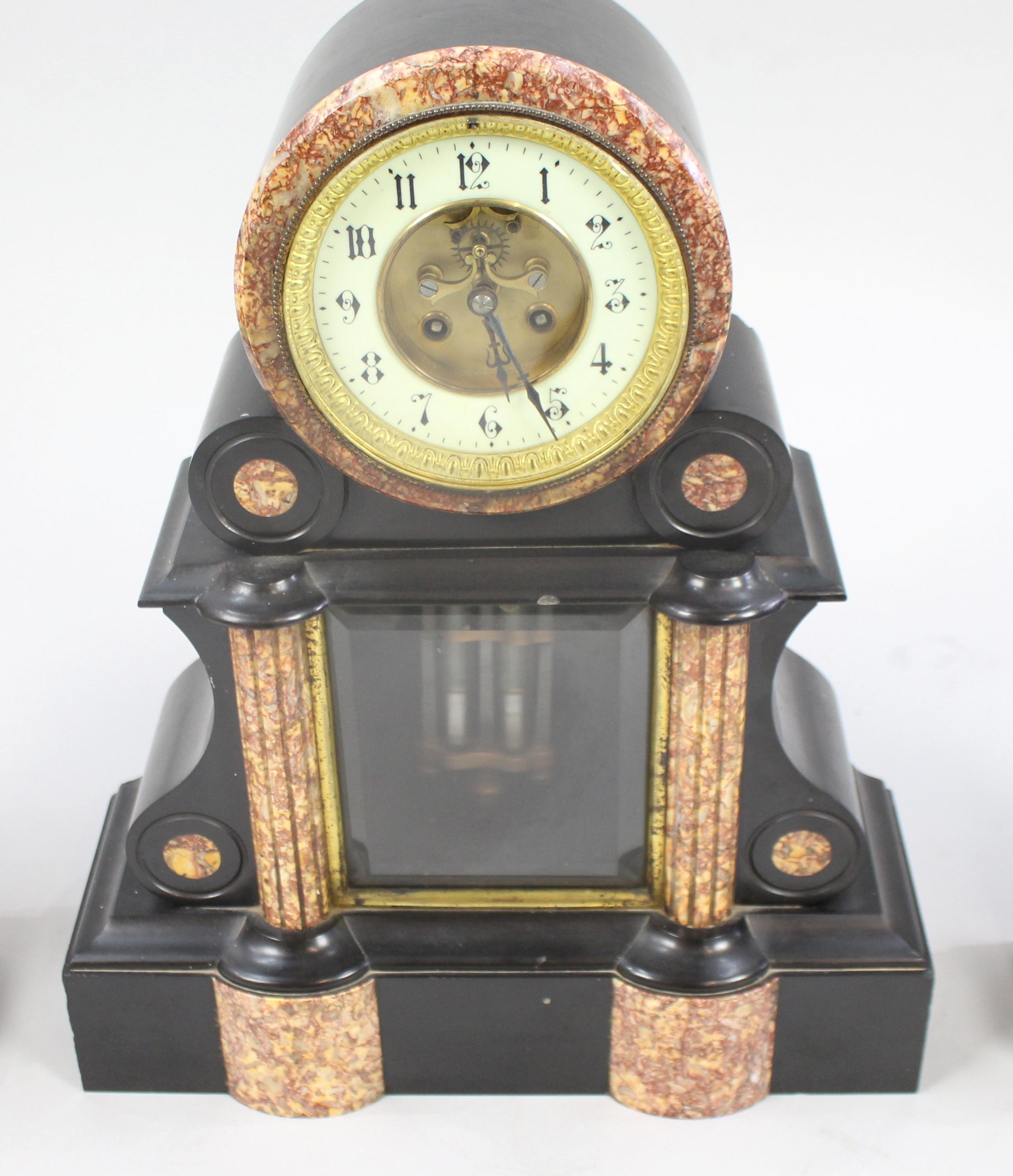 Mid-19th Century French Japy Freres Black Marble Garniture Clock Set For Sale 1