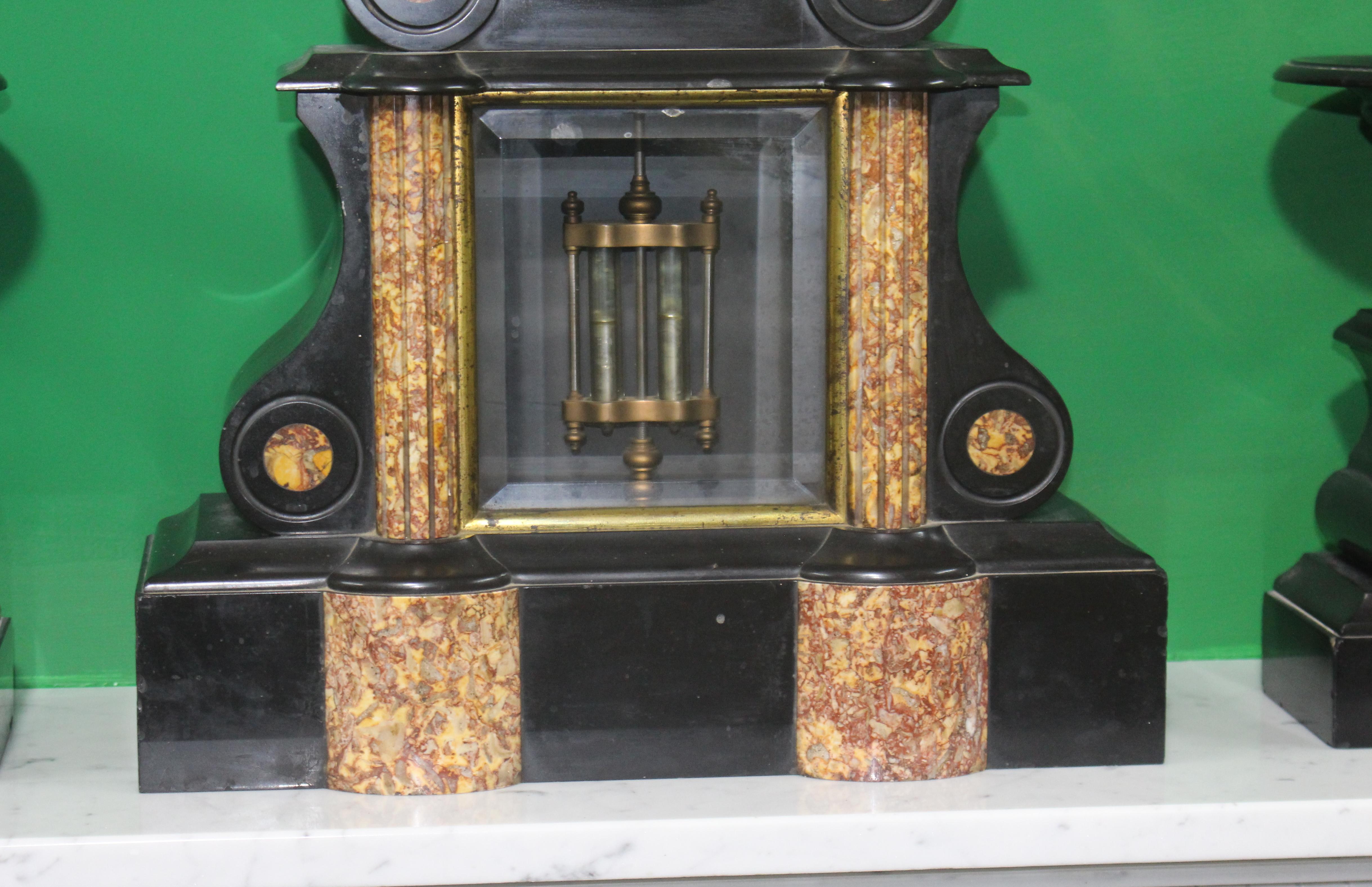 Mid-19th Century French Japy Freres Black Marble Garniture Clock Set For Sale 3