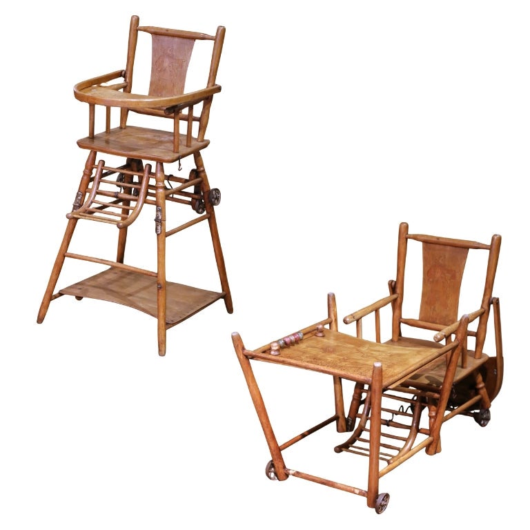 Sedia alta metamorfica francese Louis Philippe della metà del XIX secolo con decorazioni incise