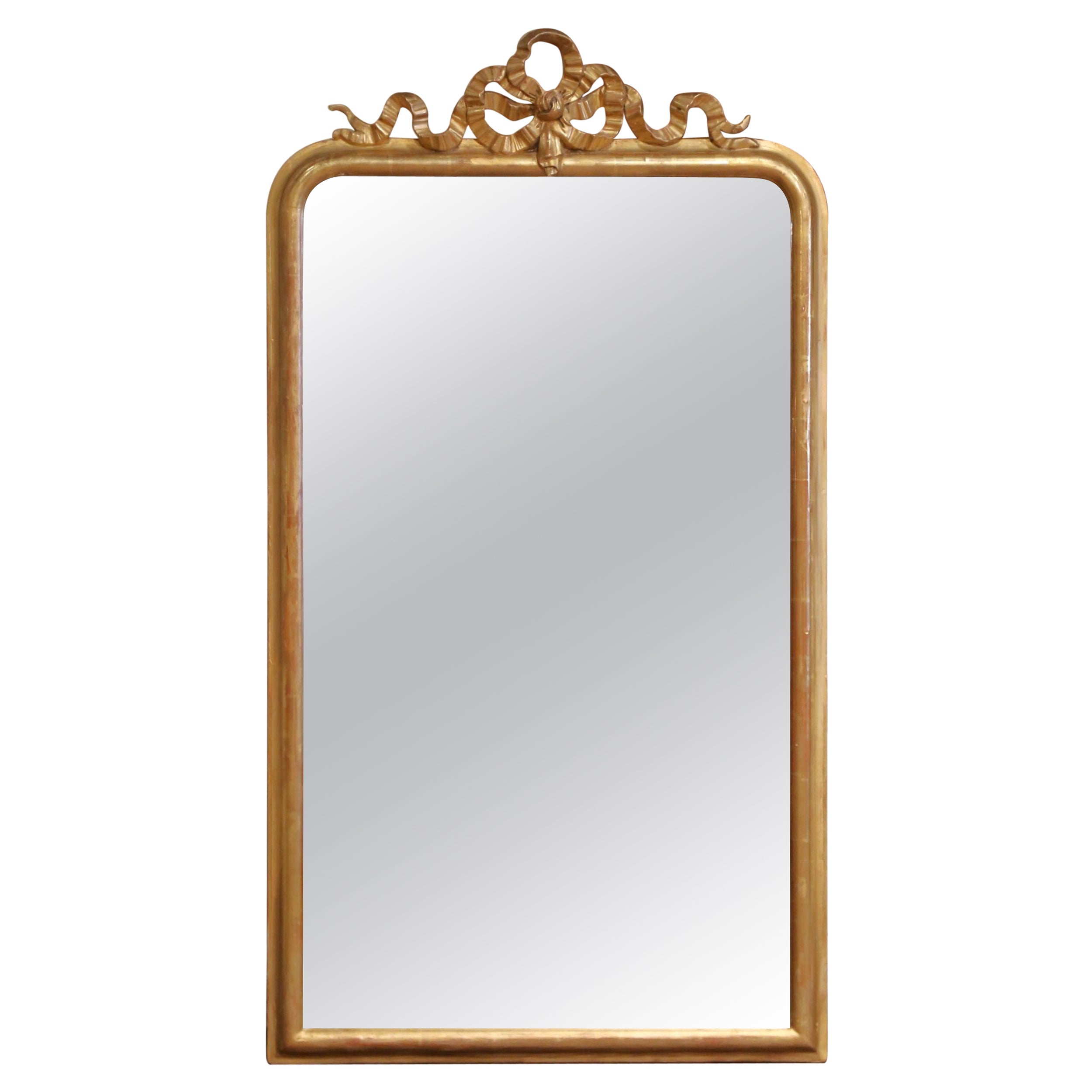 Mid-19th C. French Louis XVI Carved Giltwood Wall Mirror with Ribbon Crest