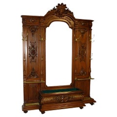 Mid-19th c. French Oak Hall Tree with Mirror & Elegantly Hand Carved Details